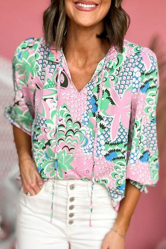 Green Floral Print V Neck Tied Loose Blouse - Charming Charlie