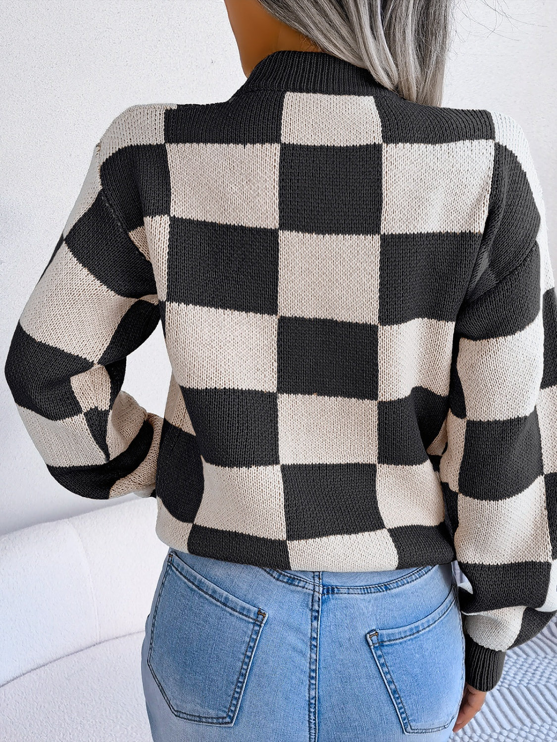 Checkered Mock Neck Long Sleeve Sweater - Charming Charlie
