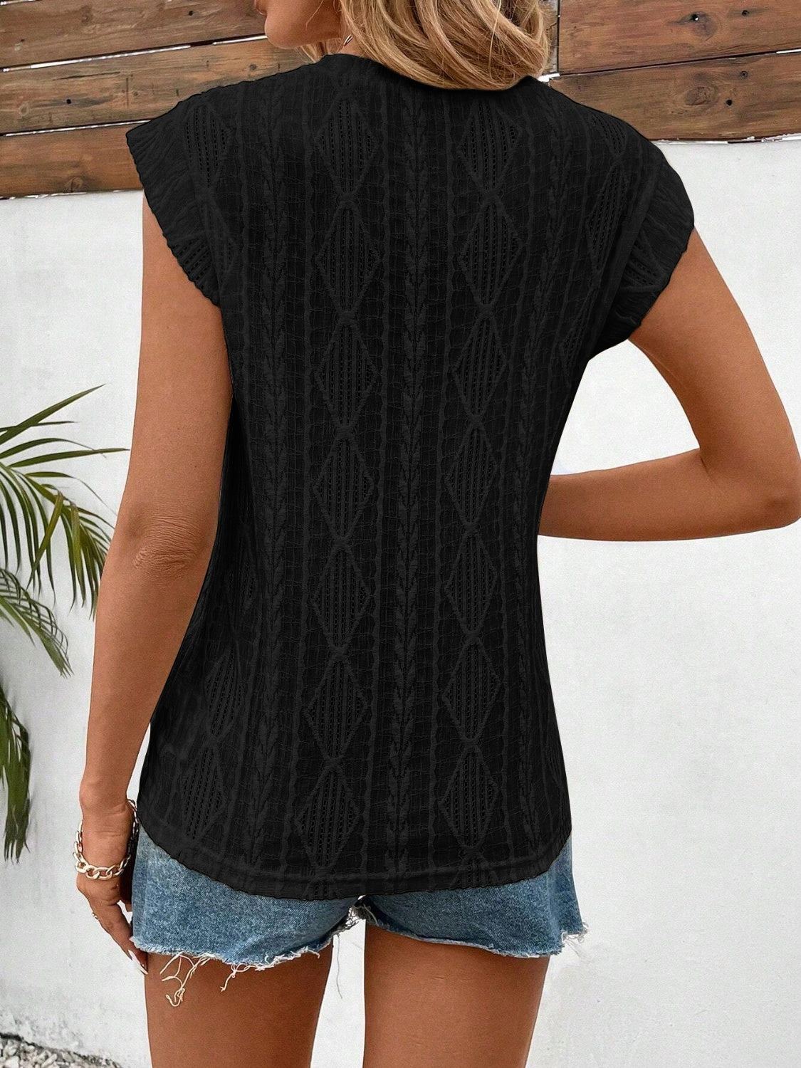 Openwork Round Neck Cap Sleeve Top - Charming Charlie