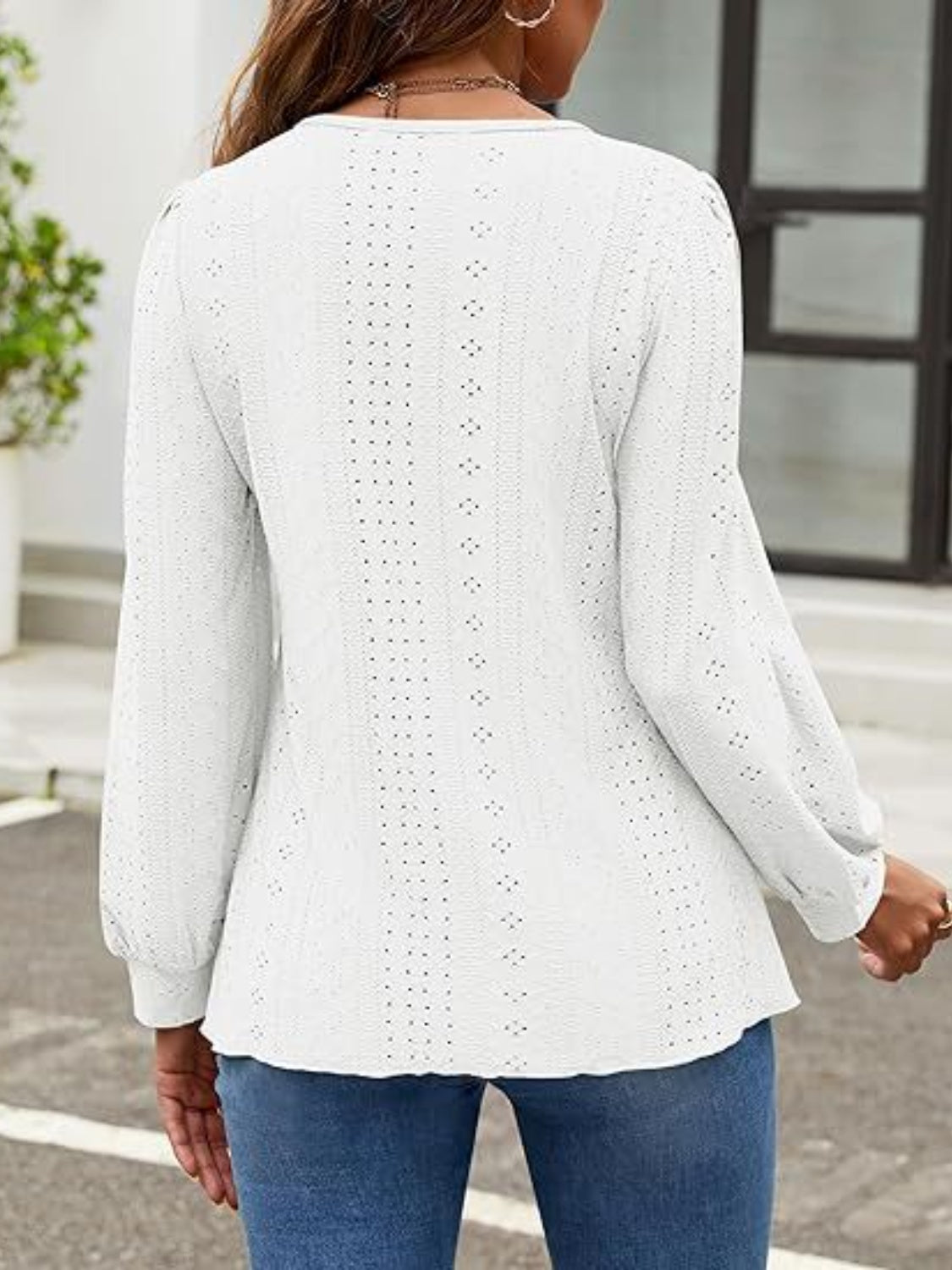 Eyelet Round Neck Long Sleeve Top - Charming Charlie