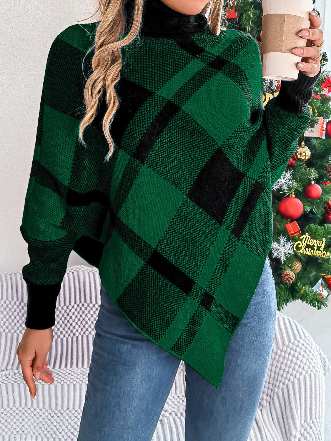 Plaid Turtleneck Batwing Sleeve Sweater - Charming Charlie
