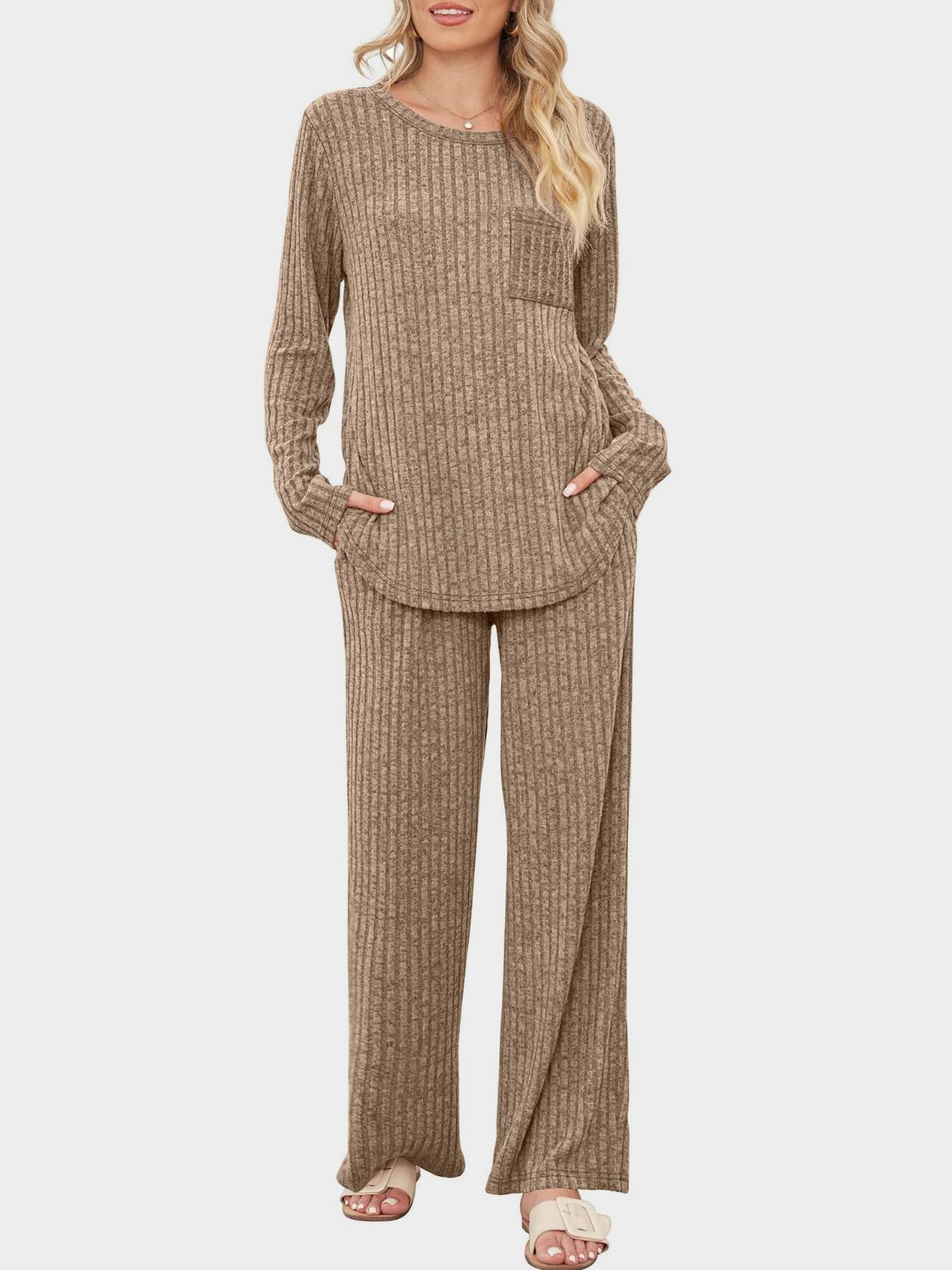 Round Neck Long Sleeve Top and Pants Set - Charming Charlie