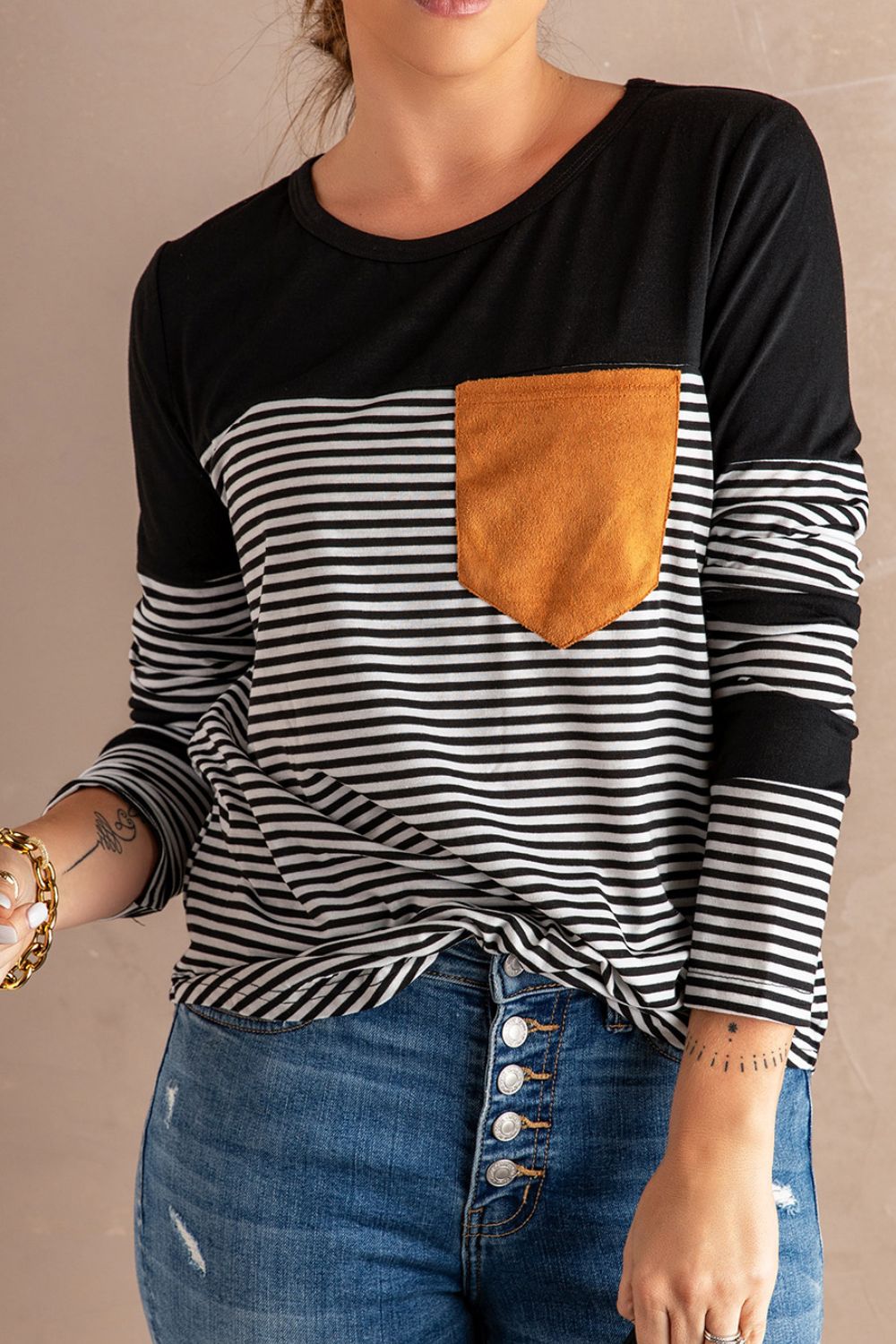 Striped Round Neck Long Sleeve T-Shirt - Charming Charlie