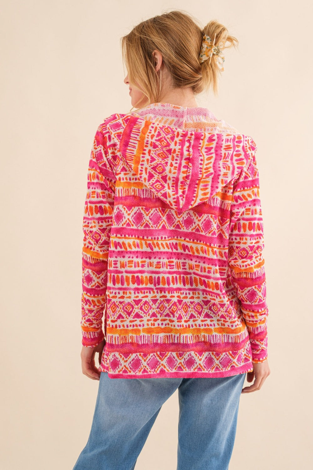 And The Why Full Size Printed Thermal Hooded Open Front Cardigan - Charming Charlie
