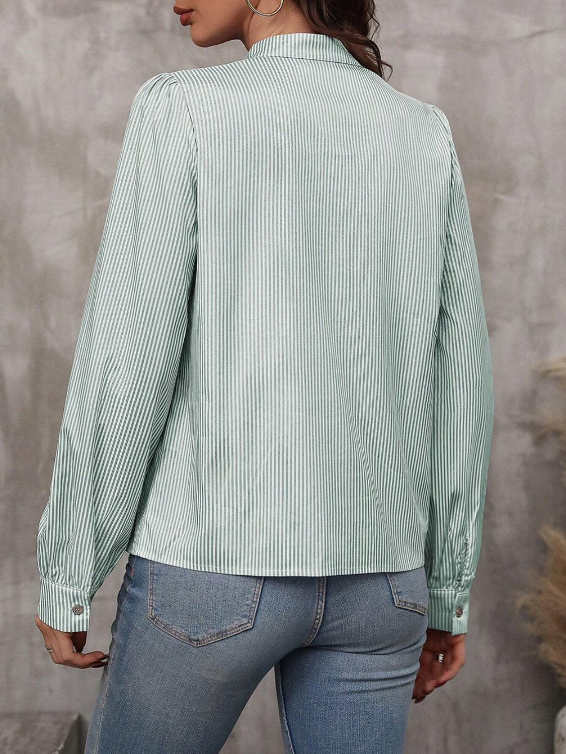 Striped Tie Neck Long Sleeve Blouse - Charming Charlie