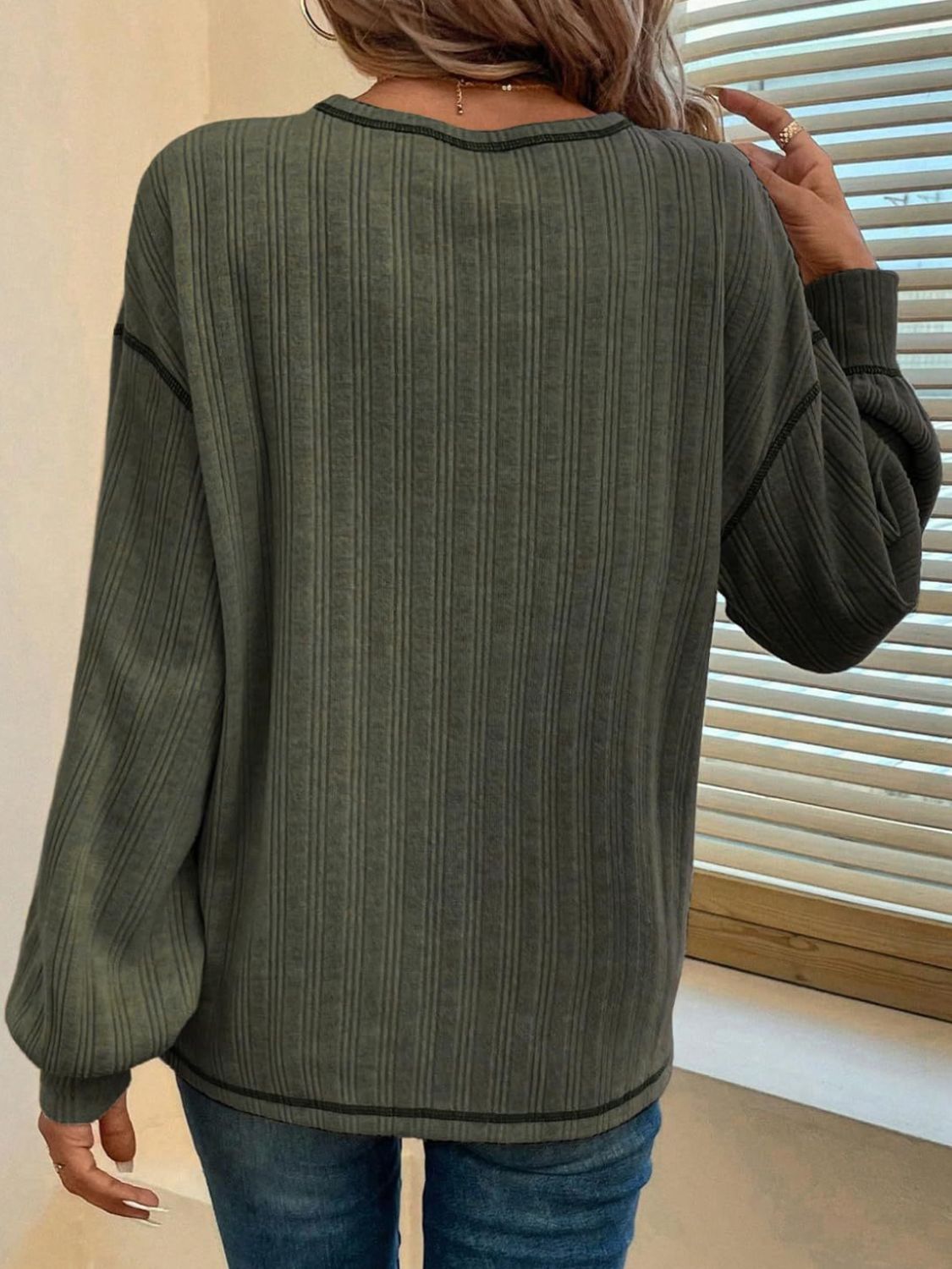 Mandy Contrast Stitching Round Neck Long Sleeve T-Shirt - Charming Charlie