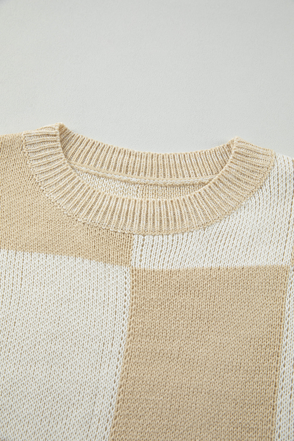 Checkered Round Neck Drop Shoulder Sweater - Charming Charlie