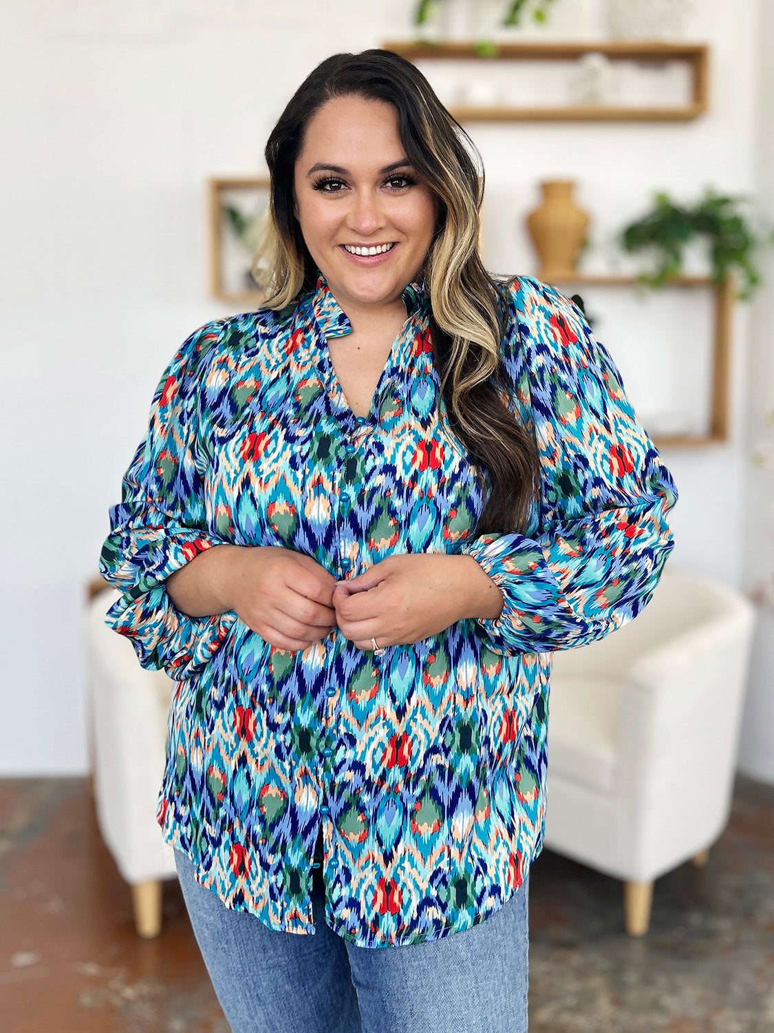 Double Take Full Size Printed Balloon Sleeve Blouse - Charming Charlie