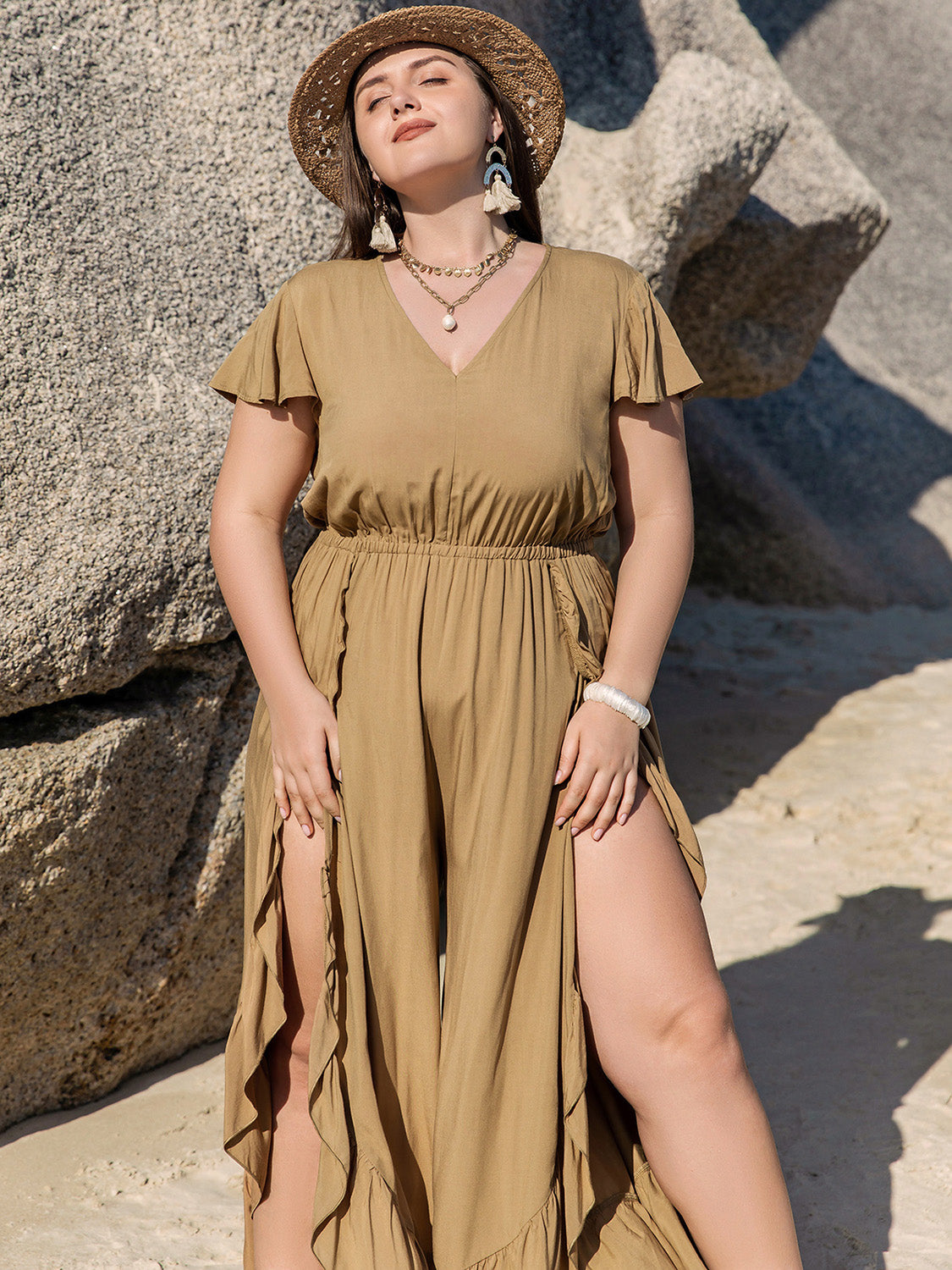 Plus Size Slit Ruffled V-Neck Jumpsuit - Charming Charlie