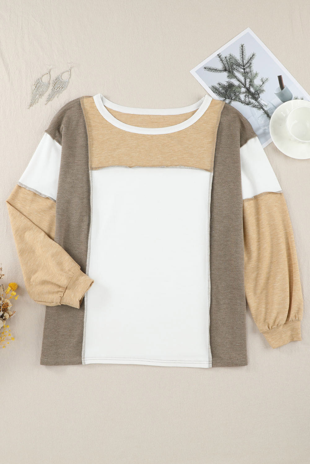 Exposed Seam Contrast Round Neck Long Sleeve Top - Charming Charlie