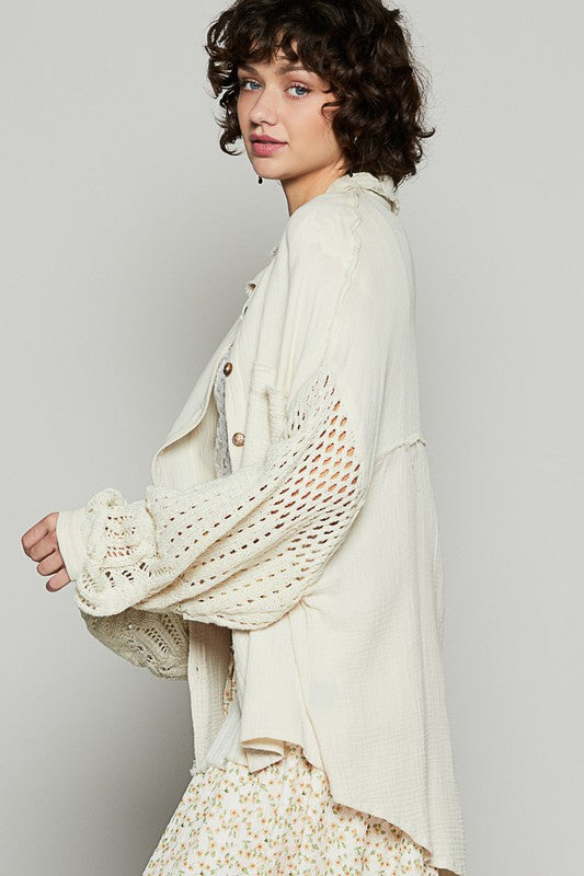POL Openwork Lantern Sleeve Button Down Gauze Shirt - Charming Charlie