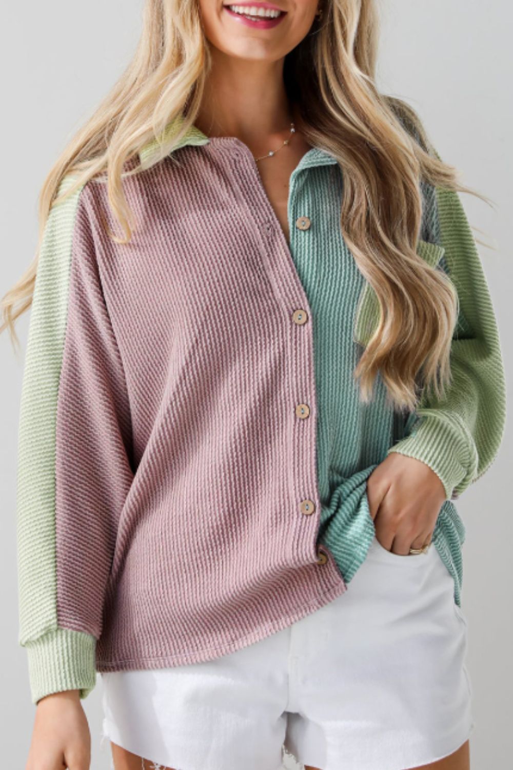 Color Block Corded Button Up Shacket - Charming Charlie