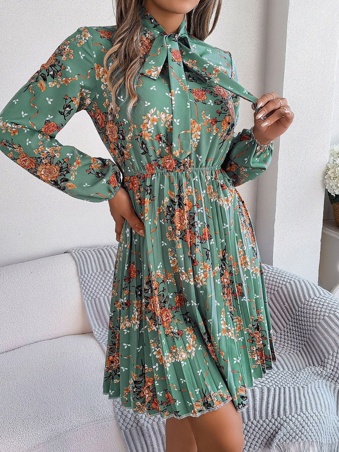 Pleated Printed Tie Neck Long Sleeve Dress - Charming Charlie