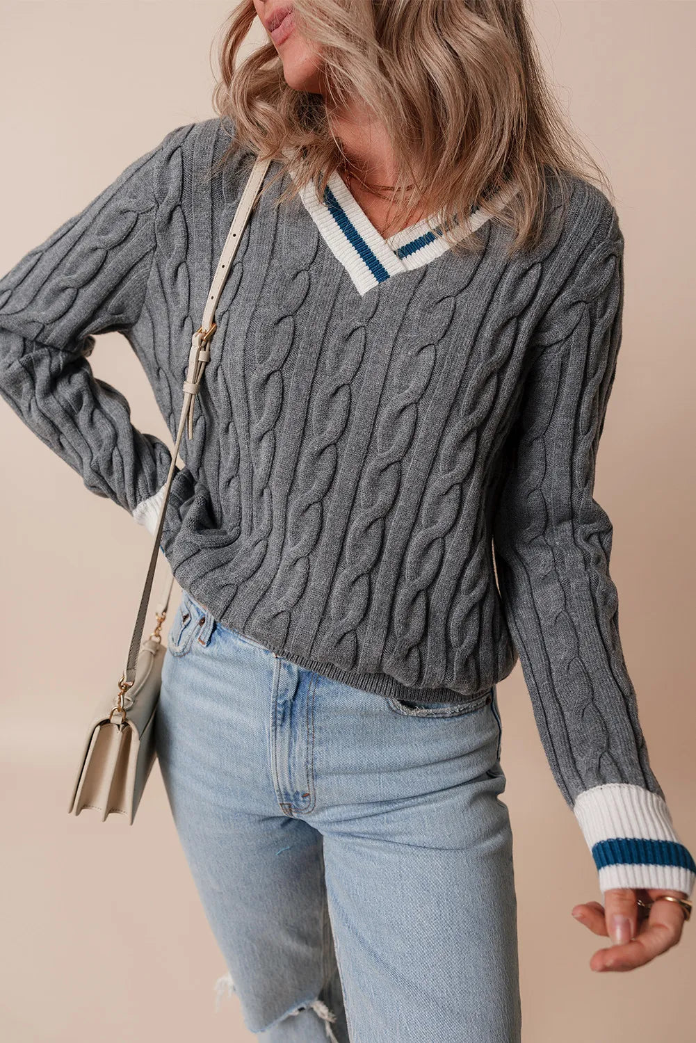 Cable-Knit V-Neck Long Sleeve Sweater - Charming Charlie