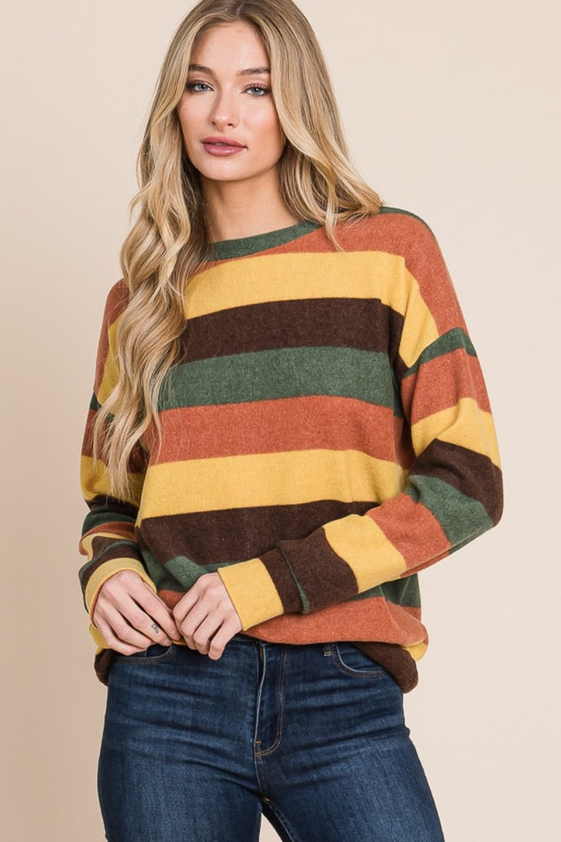 BOMBOM Striped Round Neck T-Shirt