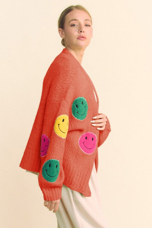 Davi & Dani Fuzzy Smile Open Front Long Sleeve Cardigan - Charming Charlie
