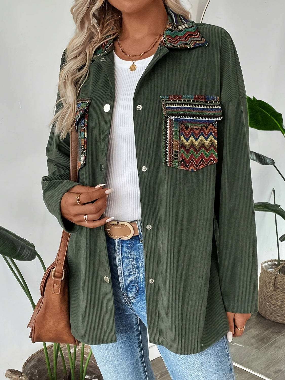 Snap Down Long Sleeve Jacket with Chest Pockets - Charming Charlie