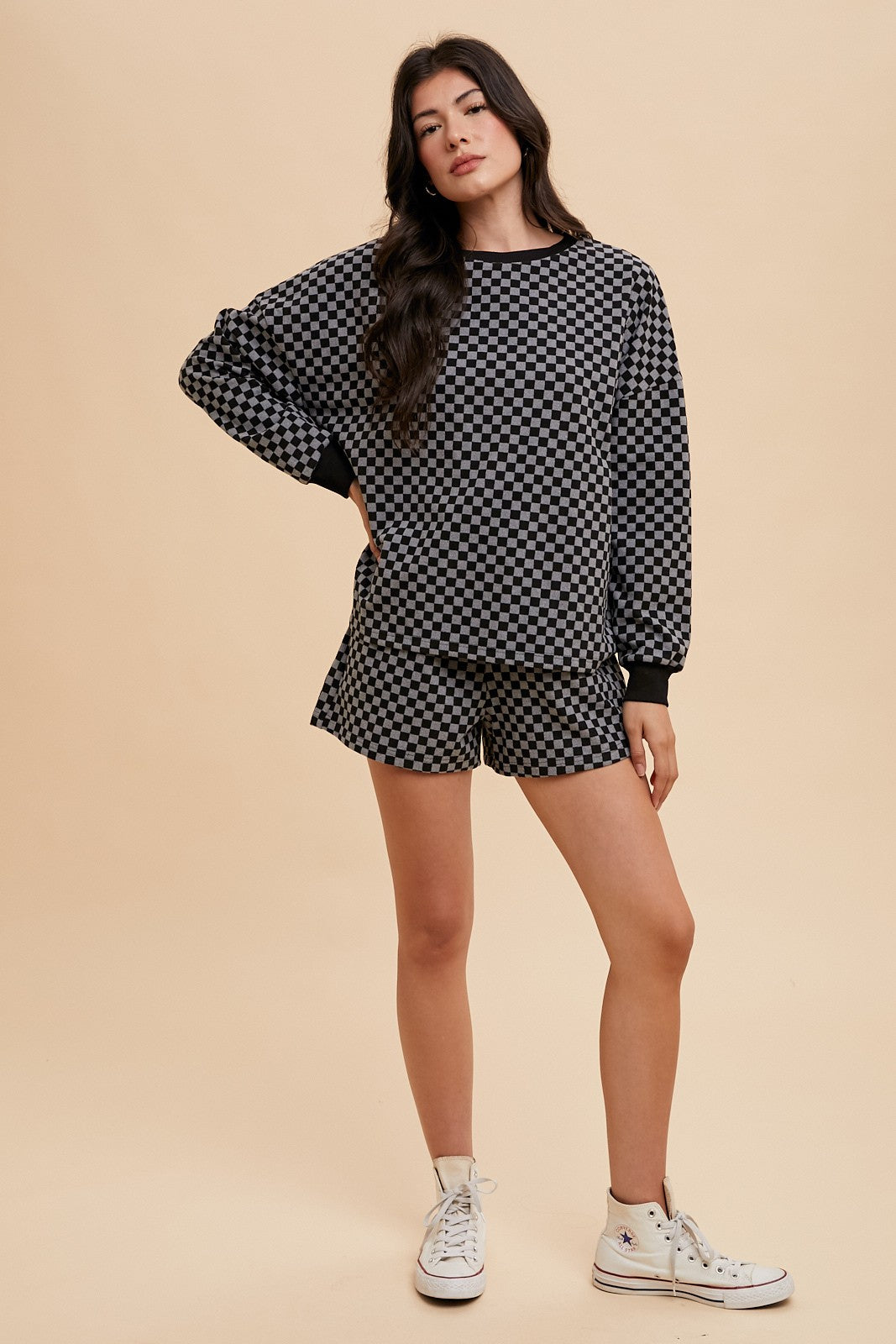 Annie Wear Checkered Round Neck Top and Drawstring Shorts Set - Charming Charlie