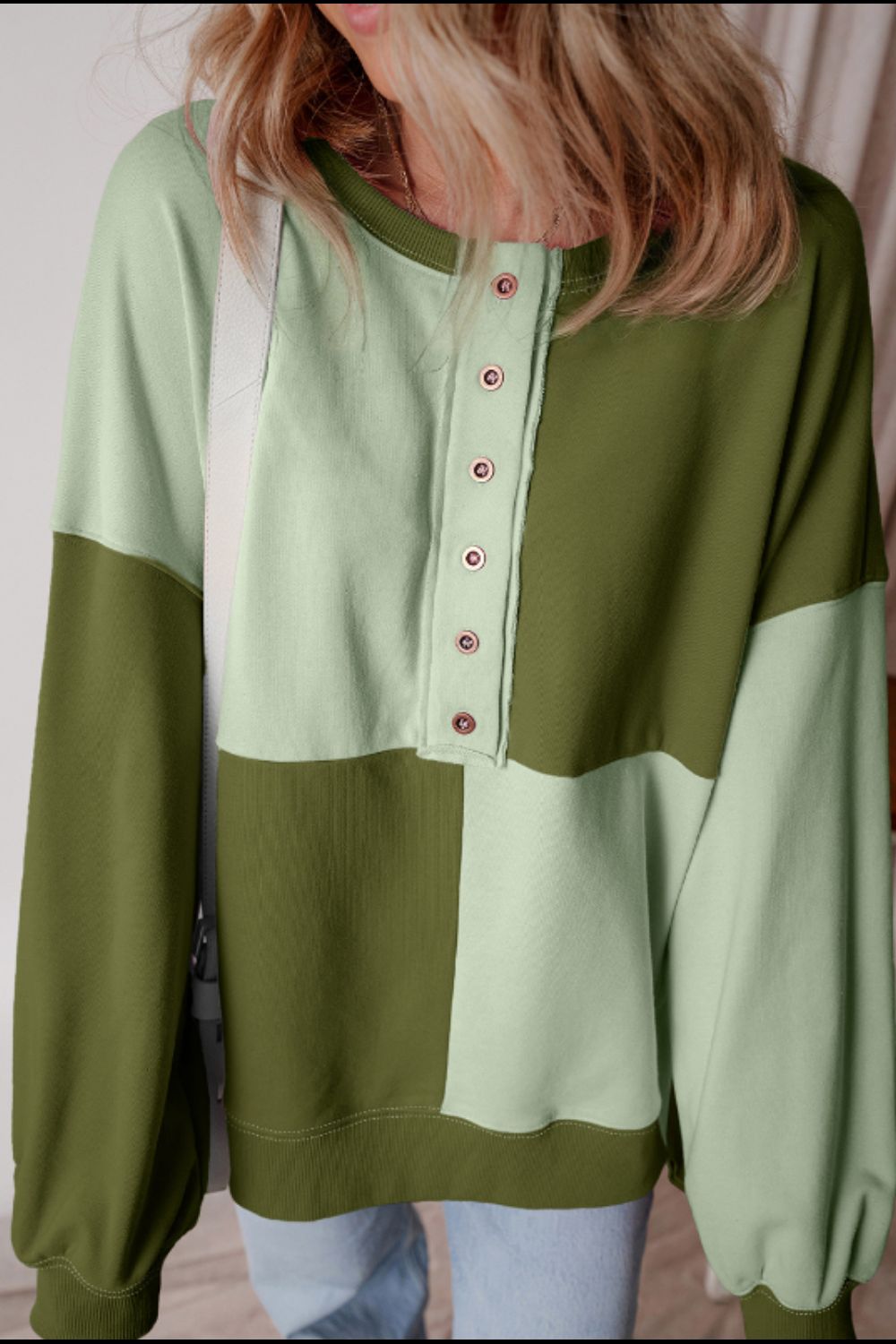 Color Block Half Button Long Sleeve Sweatshirt - Charming Charlie