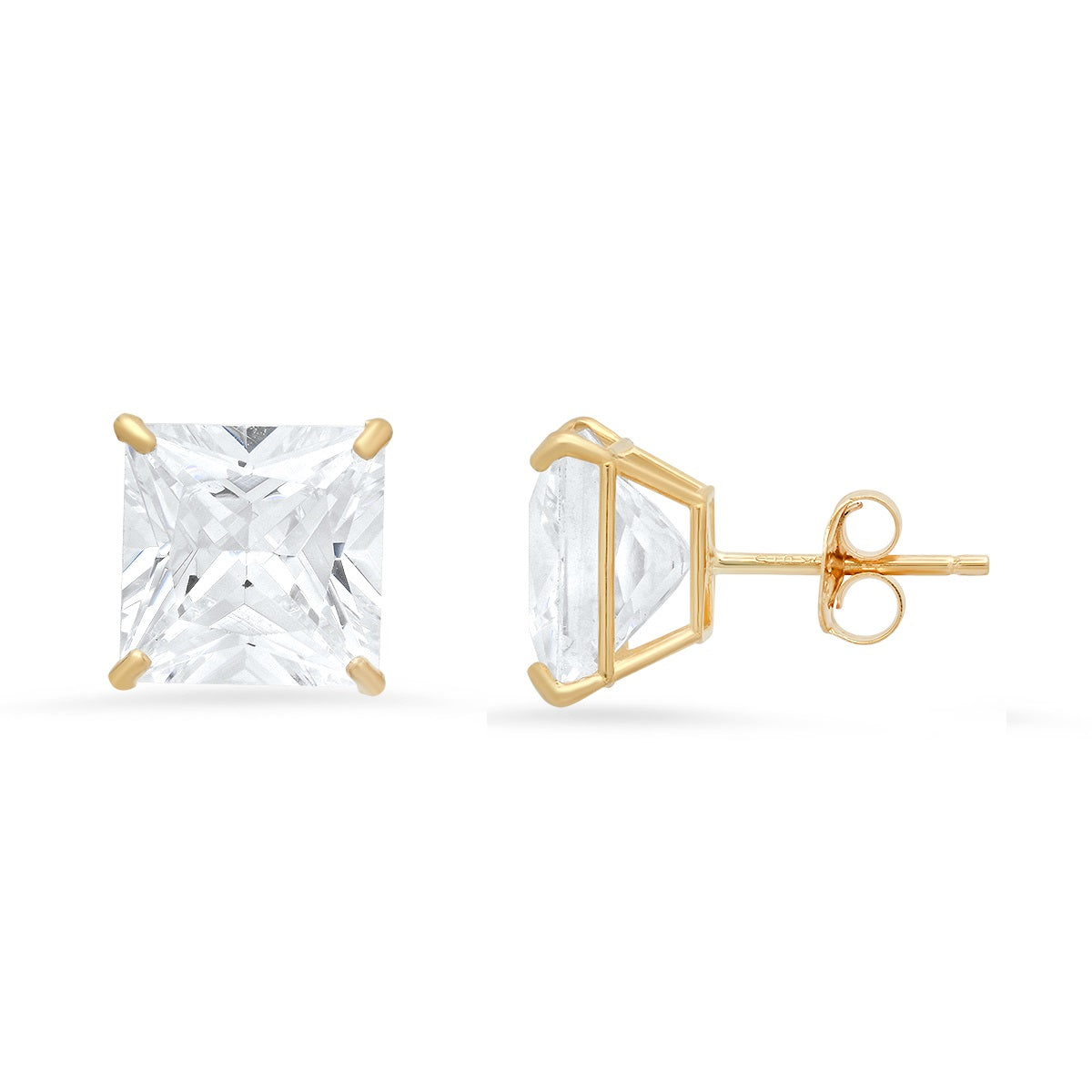 Real 10k Solid Gold BIG Princess-cut 8mm Diamond Stud Earrings - Charming Charlie