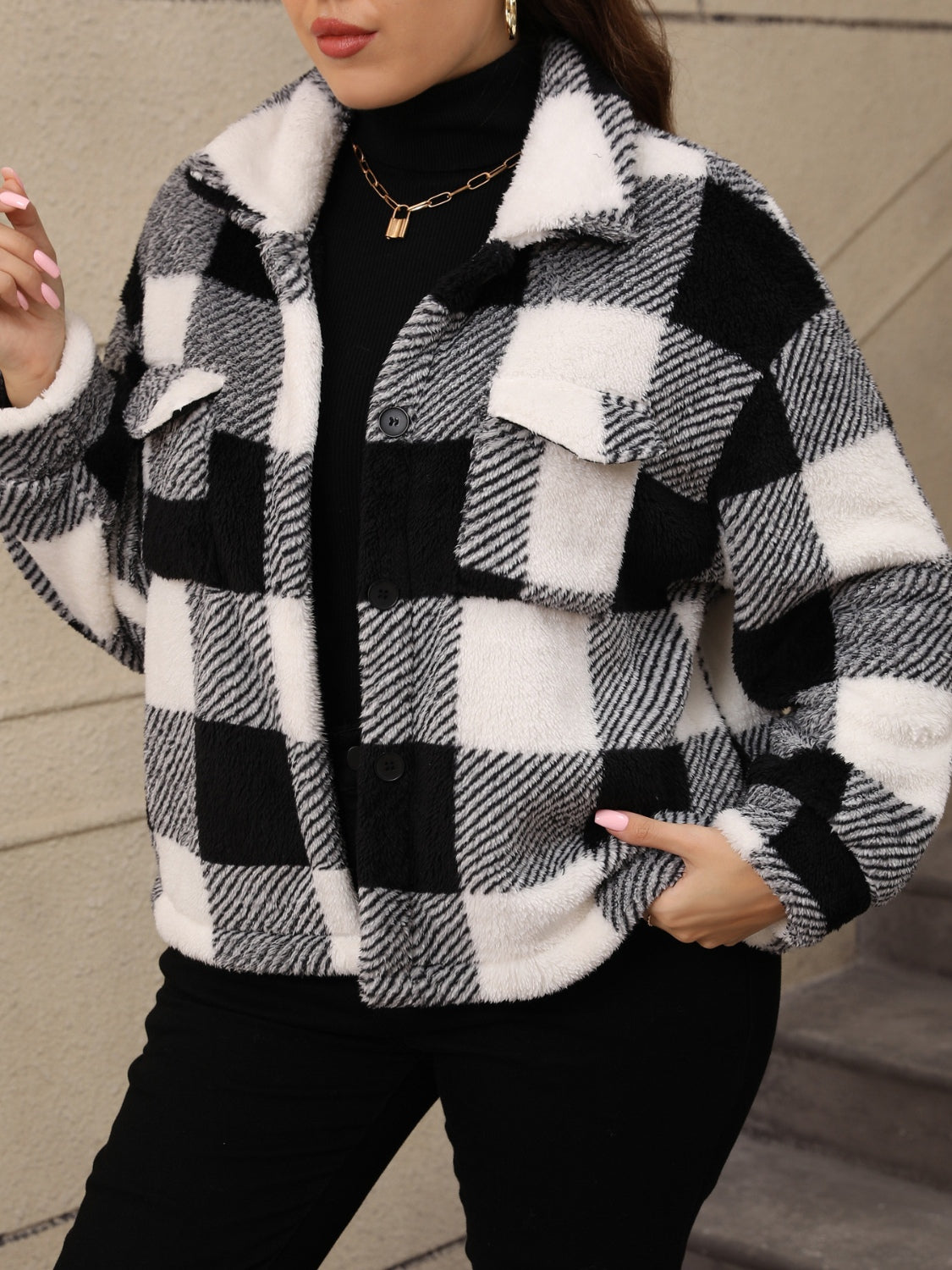 Plus Size Pocketed Plaid Collared Neck Jacket - Charming Charlie