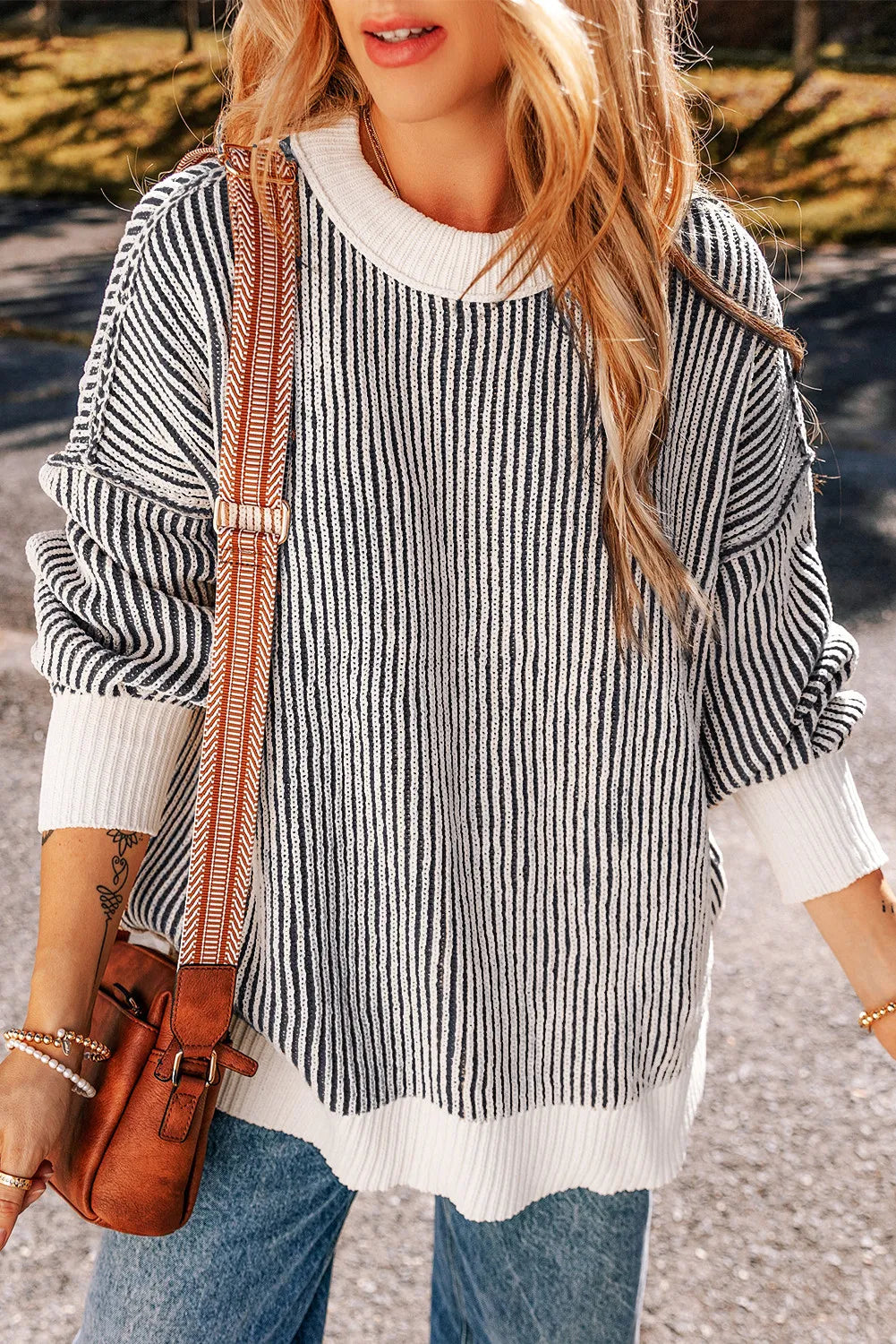 Round Neck Dropped Shoulder Sweater - Charming Charlie