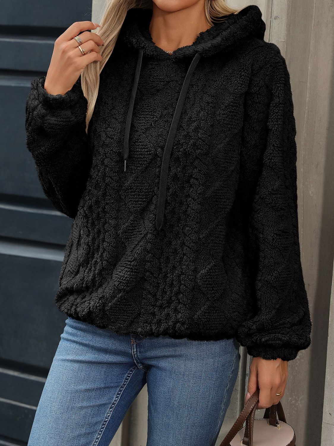 Drawstring Long Sleeve Plush Hoodie - Charming Charlie