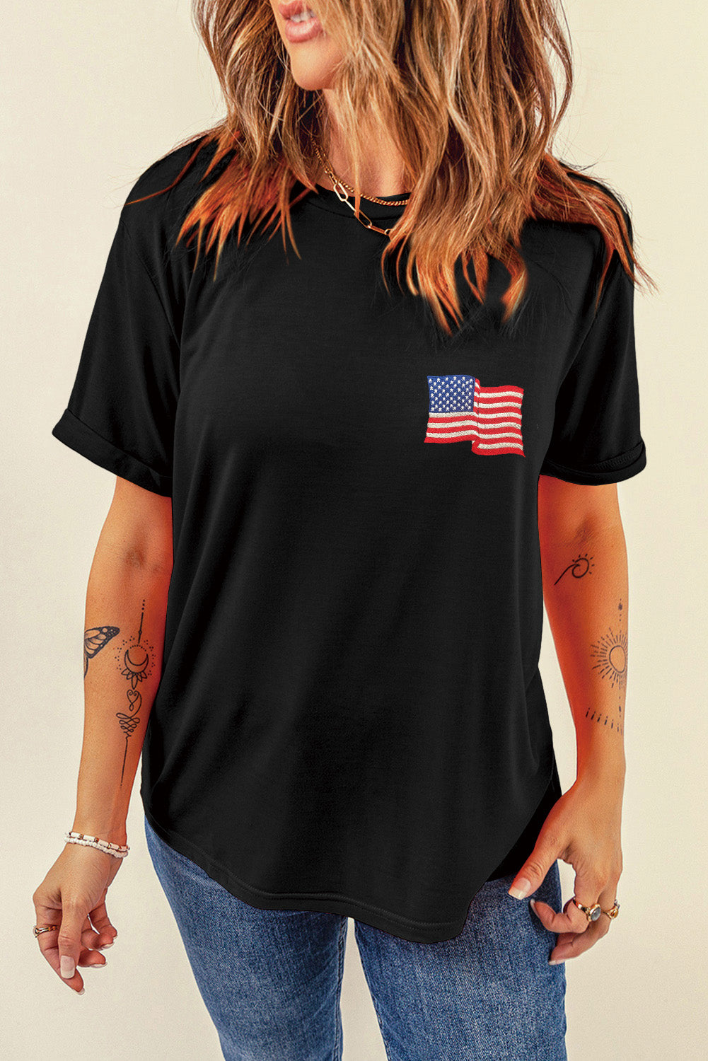 US Flag Round Neck Short Sleeve T-Shirt - Charming Charlie