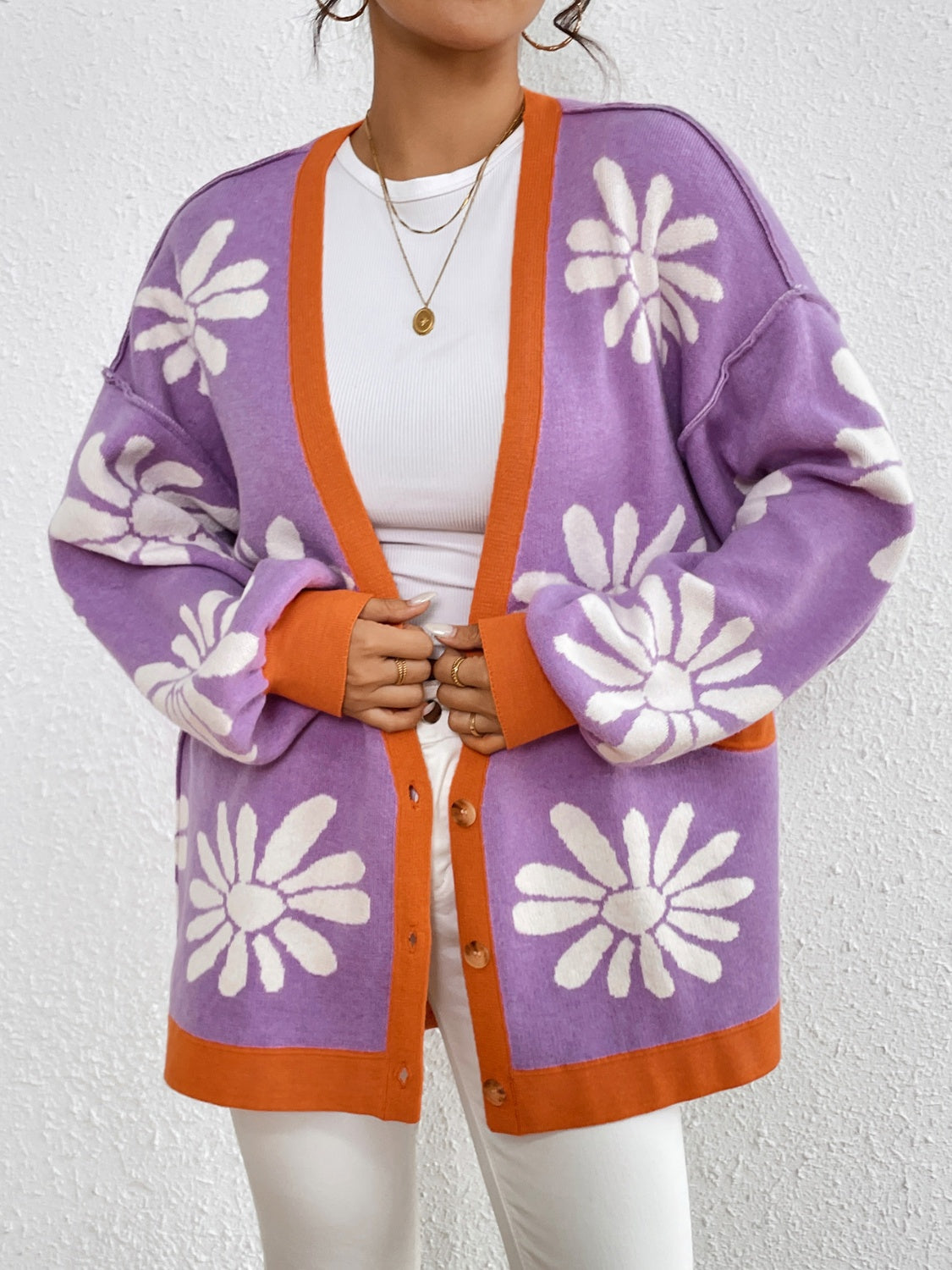 Contrast Dropped Shoulder Long Sleeve Cardigan - Charming Charlie