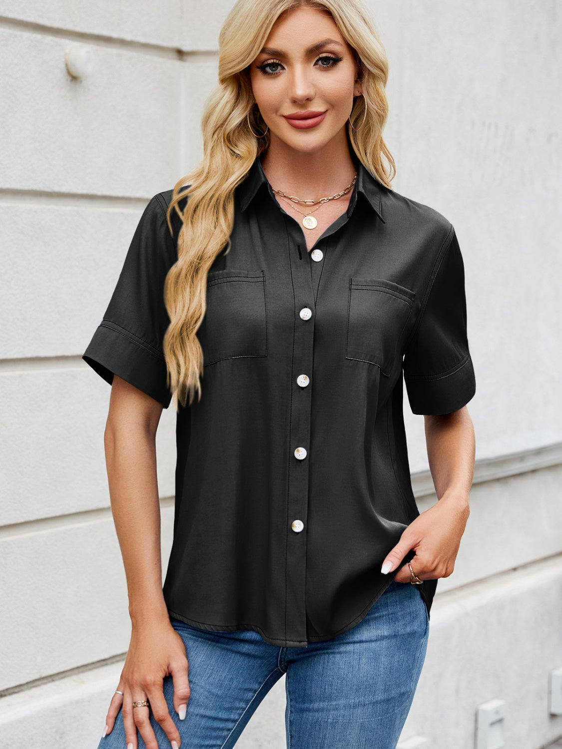 Collared Neck Short Sleeve Shirt - Charming Charlie
