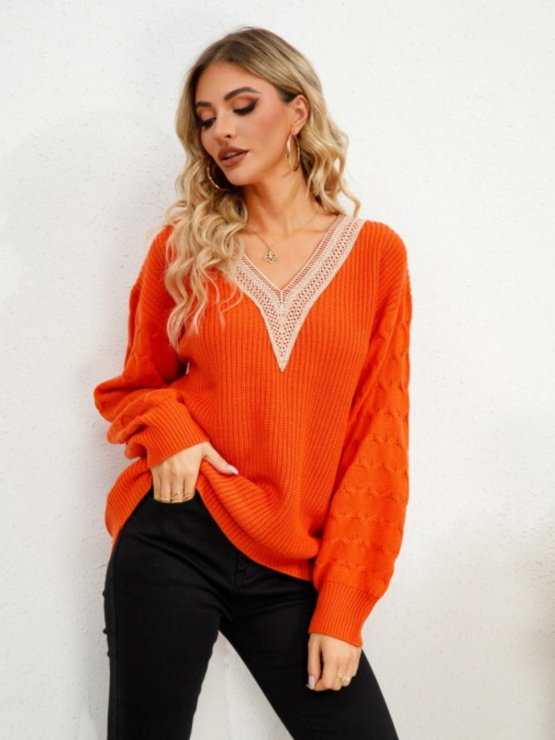 V-Neck Dropped Shoulder Long Sleeve Sweater - Charming Charlie