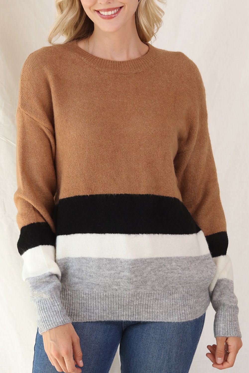Color Block Round Neck Dropped Shoulder Sweater - Charming Charlie