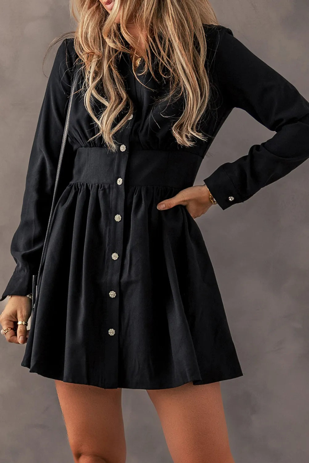 Ruched Button Up Long Sleeve Dress - Charming Charlie