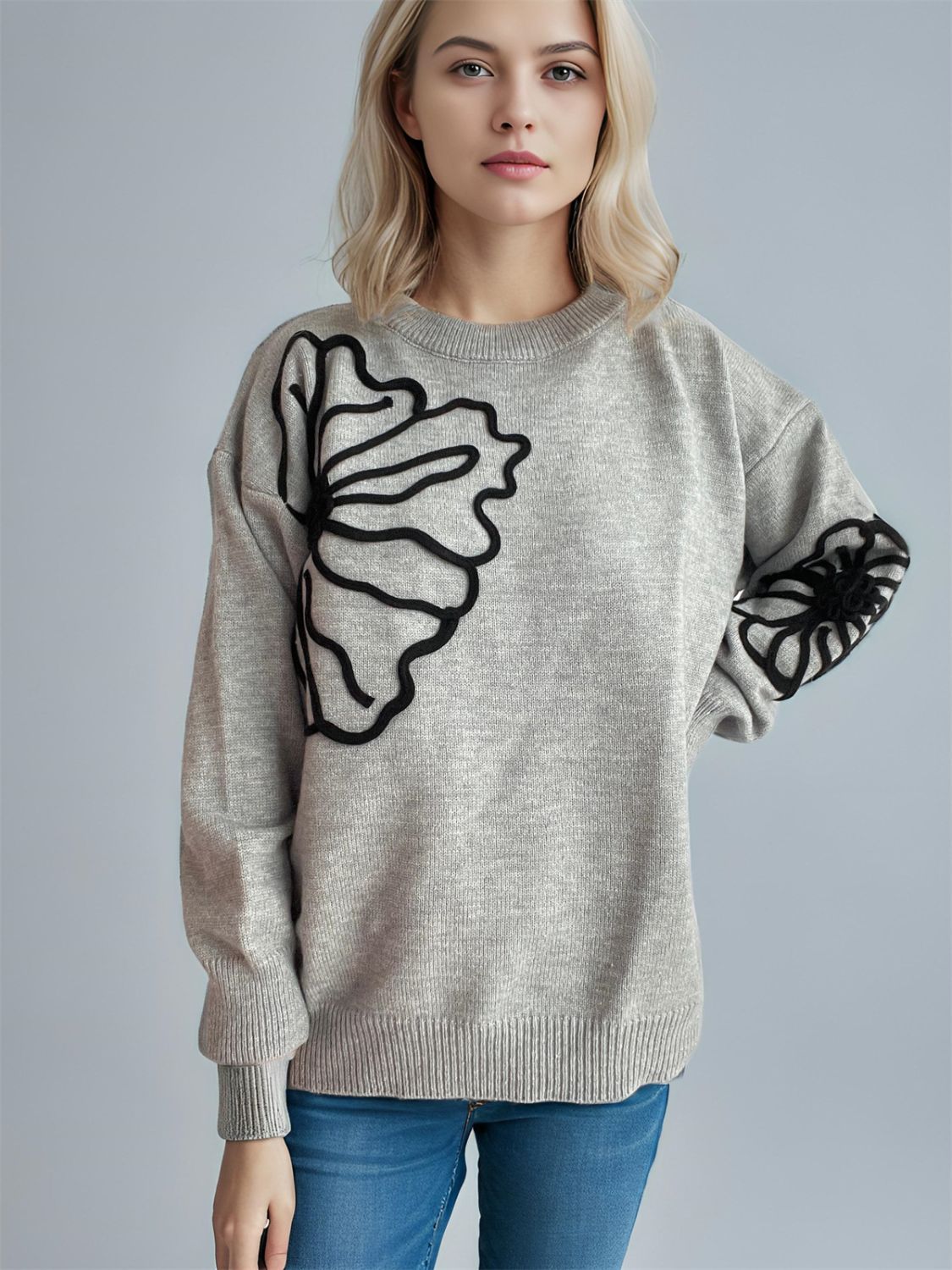 Flower Round Neck Long Sleeve Sweater - Charming Charlie