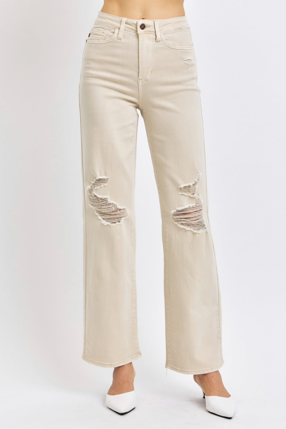 Judy Blue Full Size High Waist Distressed Wide Leg Jeans - Charming Charlie