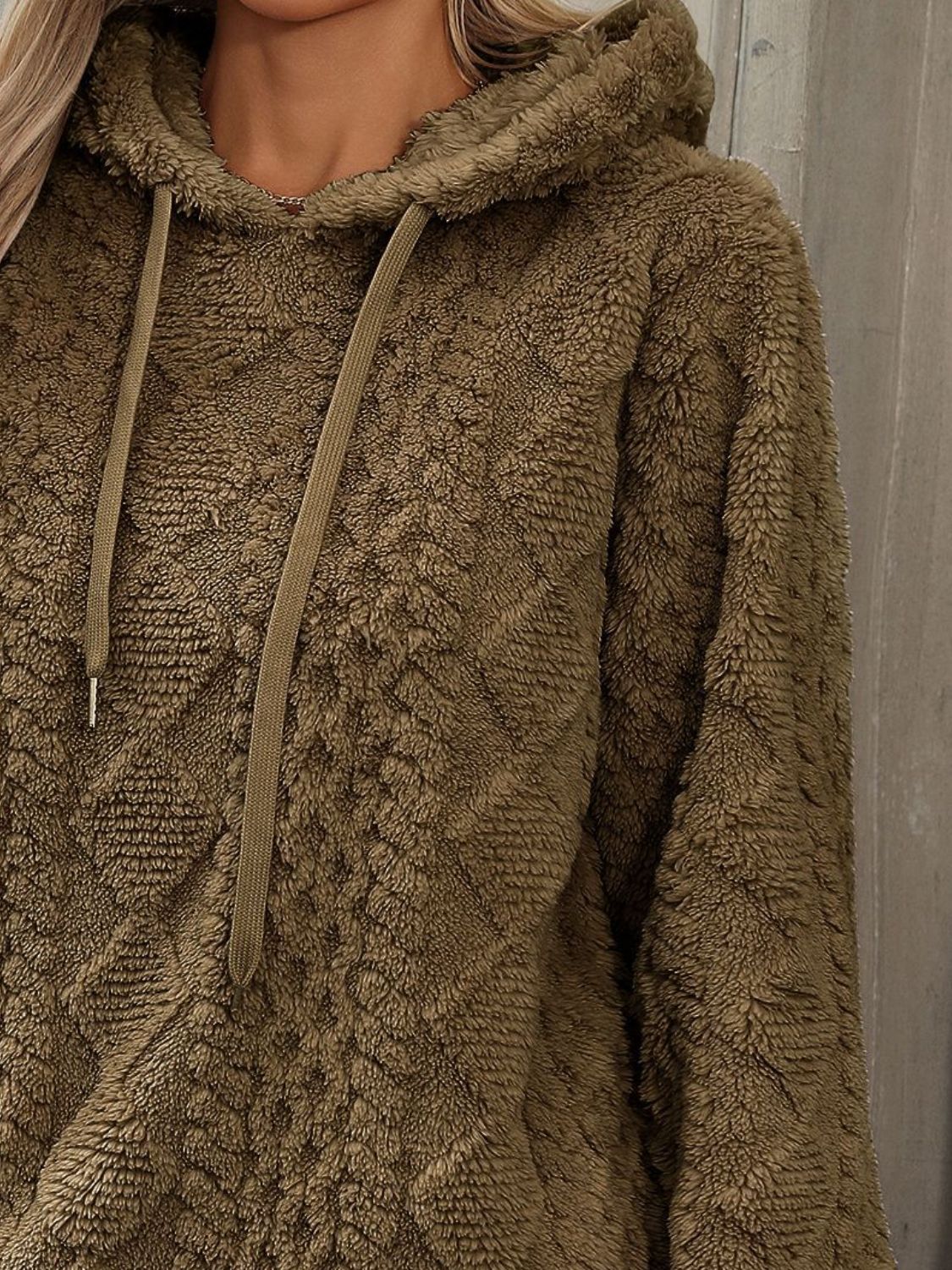 Drawstring Long Sleeve Plush Hoodie - Charming Charlie