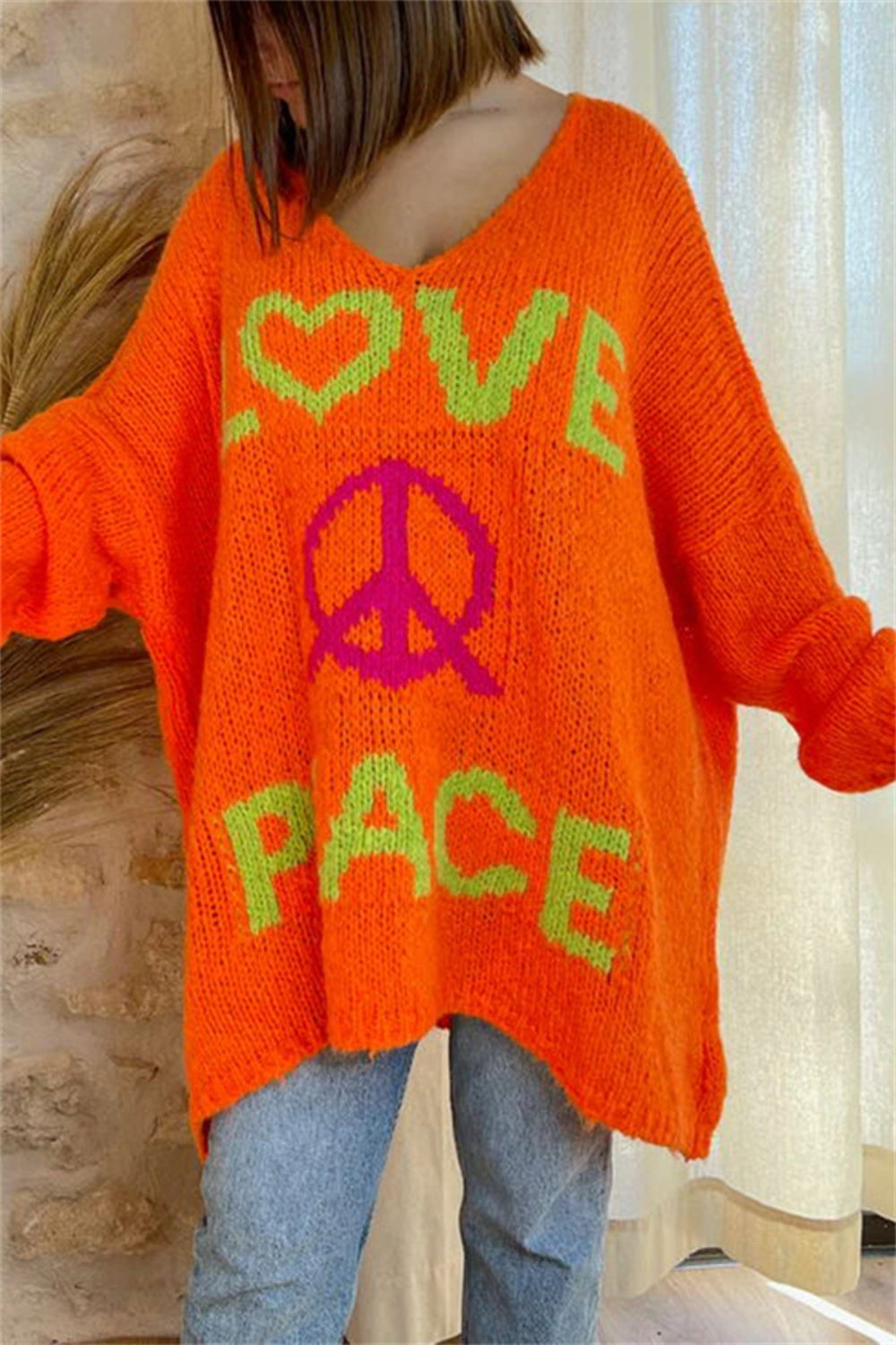 Peace Graphic V-Neck Long Sleeve Sweater - Charming Charlie