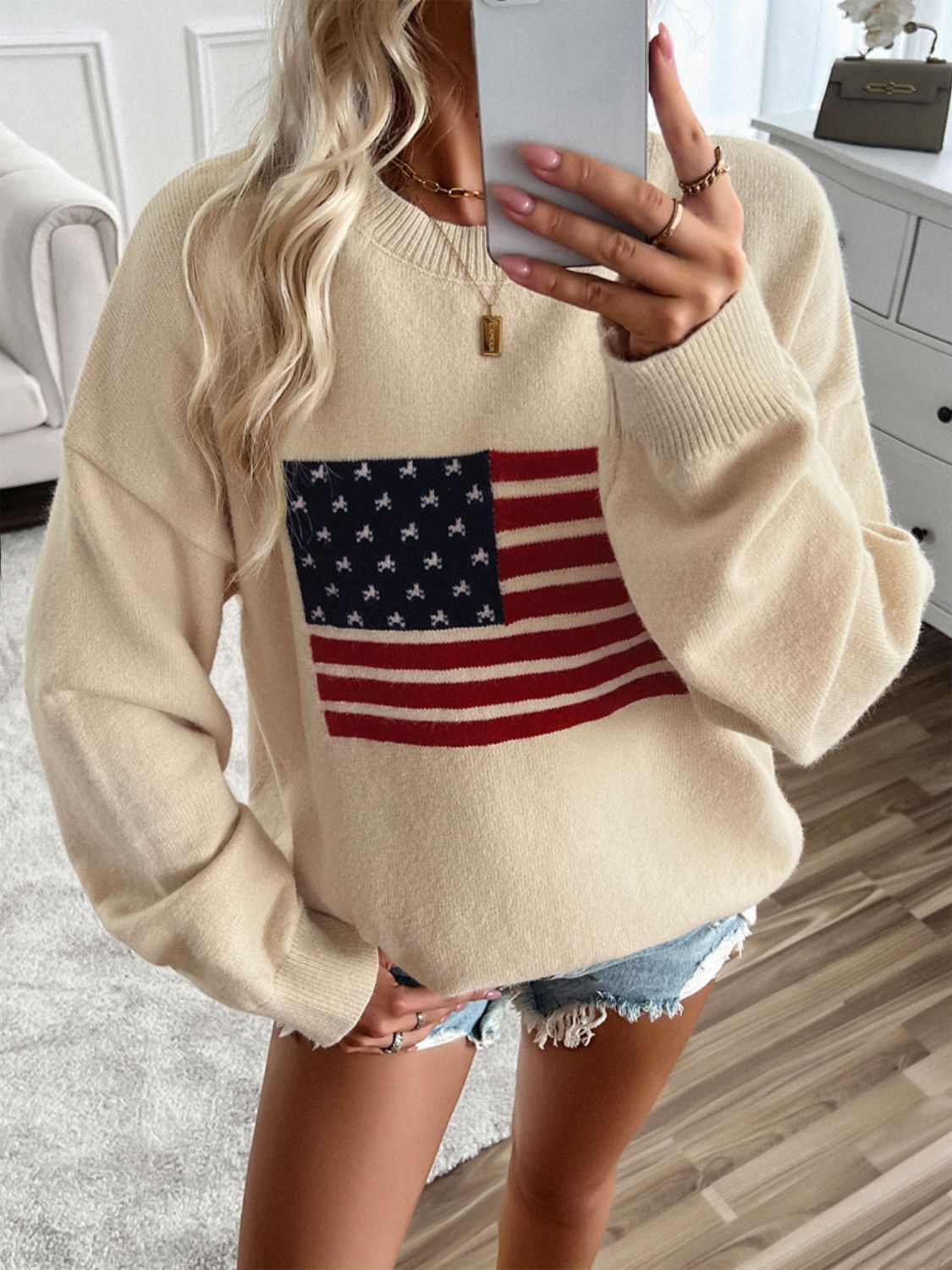 Devine US Flag Round Neck Long Sleeve Knit Top - Charming Charlie