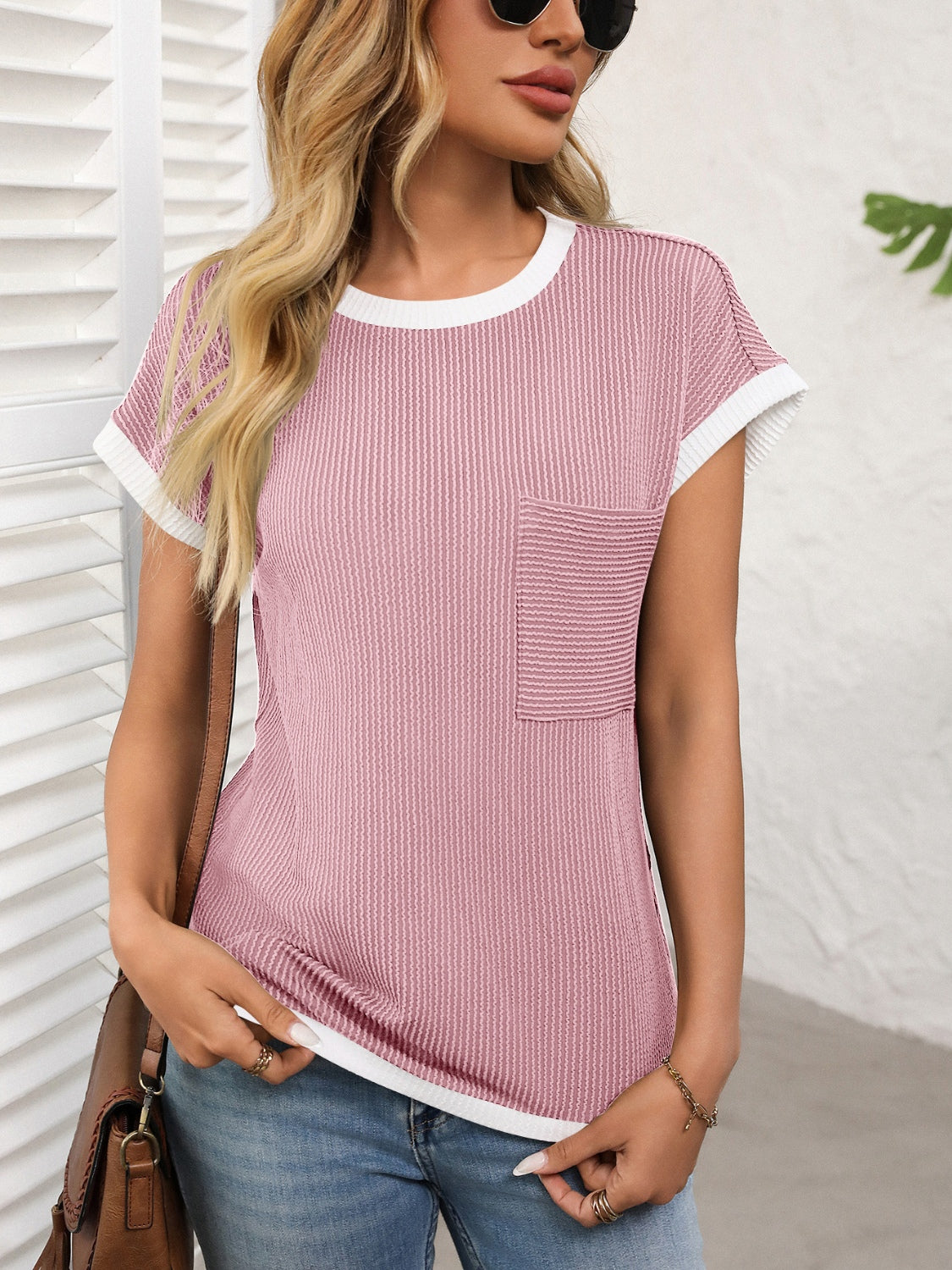 Contrast Trim Round Neck Short Sleeve T-Shirt - Charming Charlie