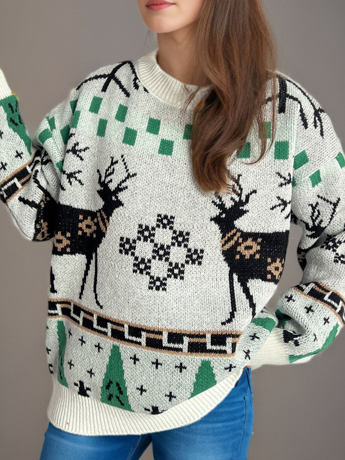 Christmas Element Round Neck Long Sleeve Sweater - Charming Charlie