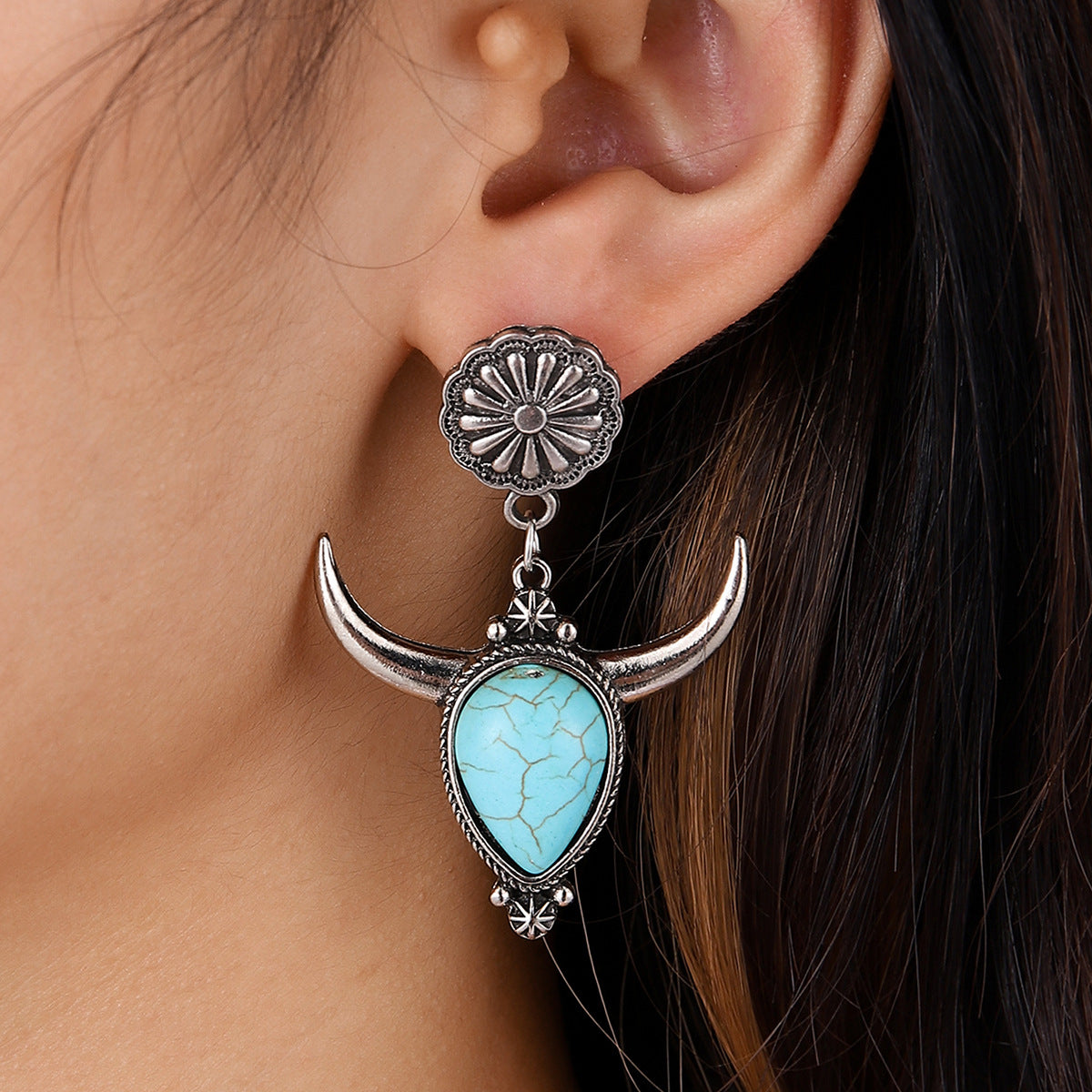 Artificial Turquoise Alloy Cow Head Earrings - Charming Charlie