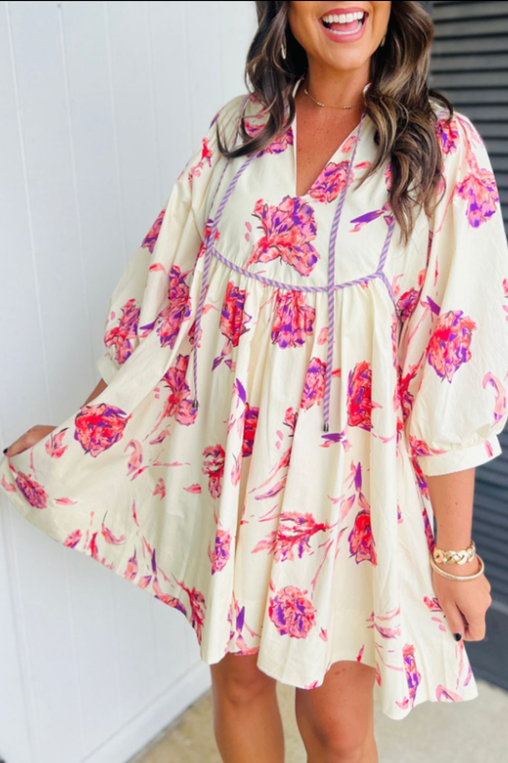 Tied Flower Printed Three-Quarter Sleeve Dress - Charming Charlie