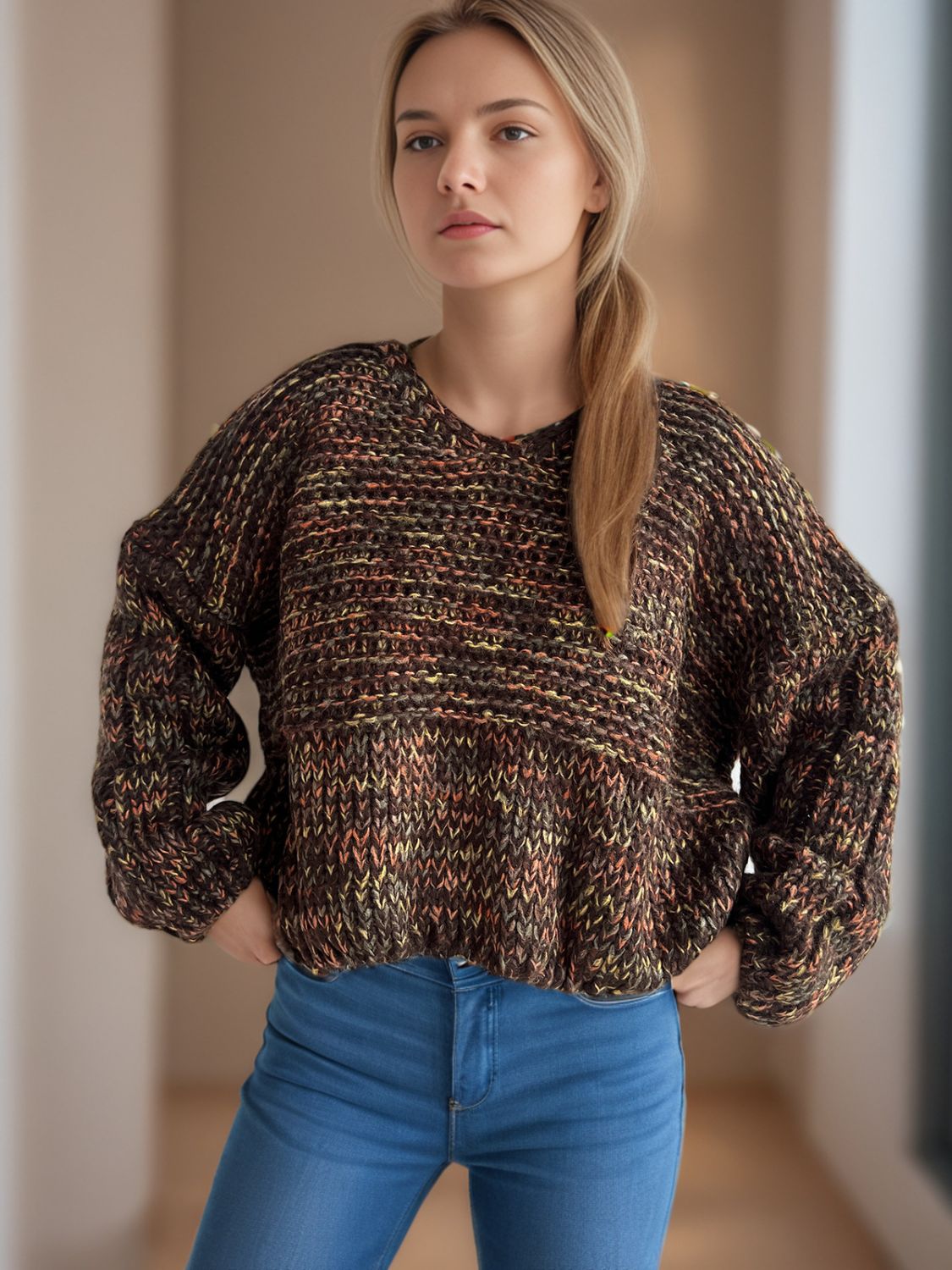 Dropped Shoulder Long Sleeve Sweater - Charming Charlie