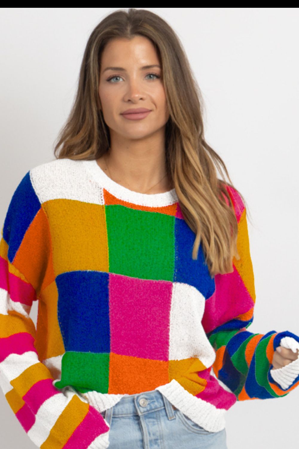 Color Block Round Neck Long Sleeve Sweater - Charming Charlie