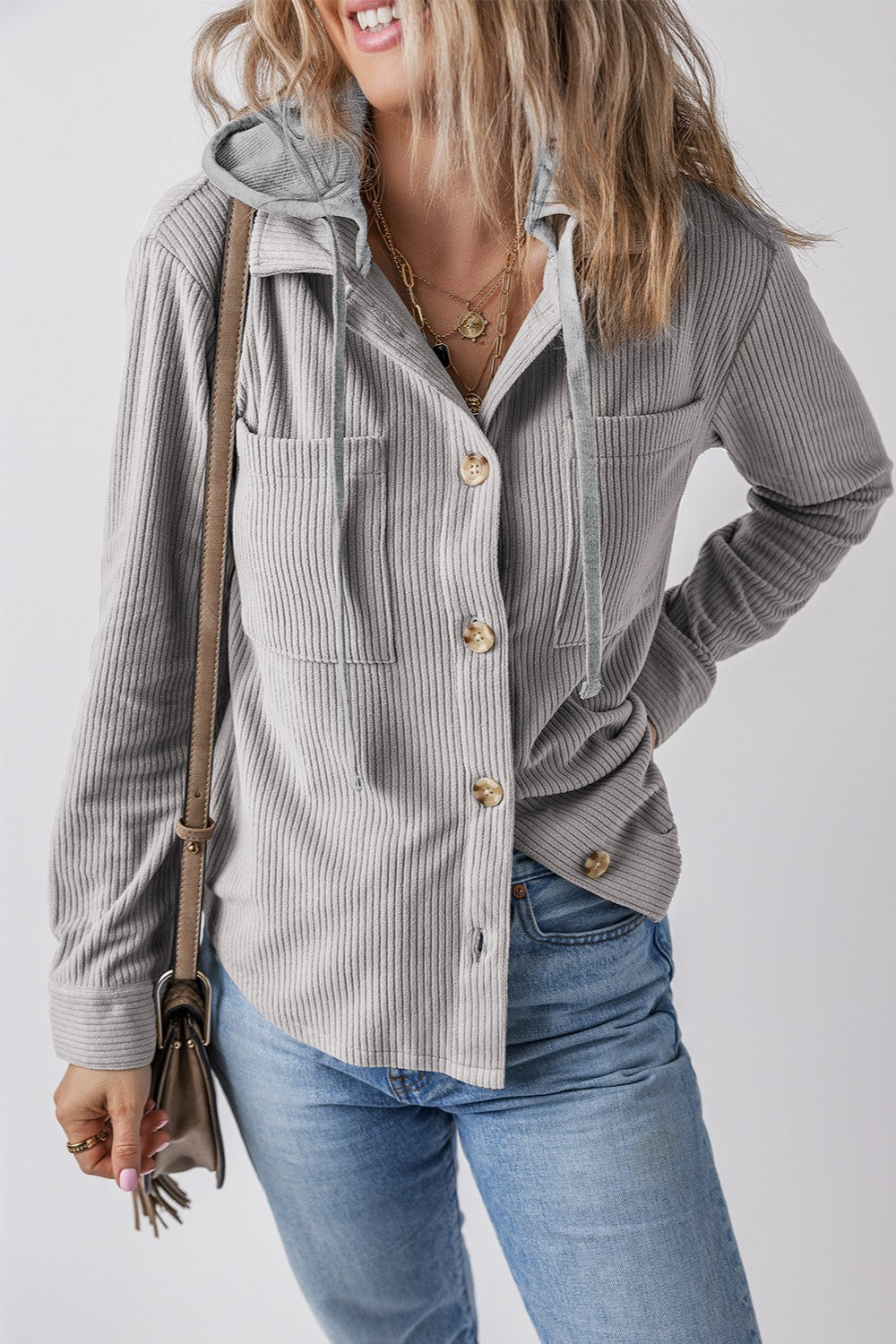 Drawstring Button Up Long Sleeve Hooded Jacket - Charming Charlie