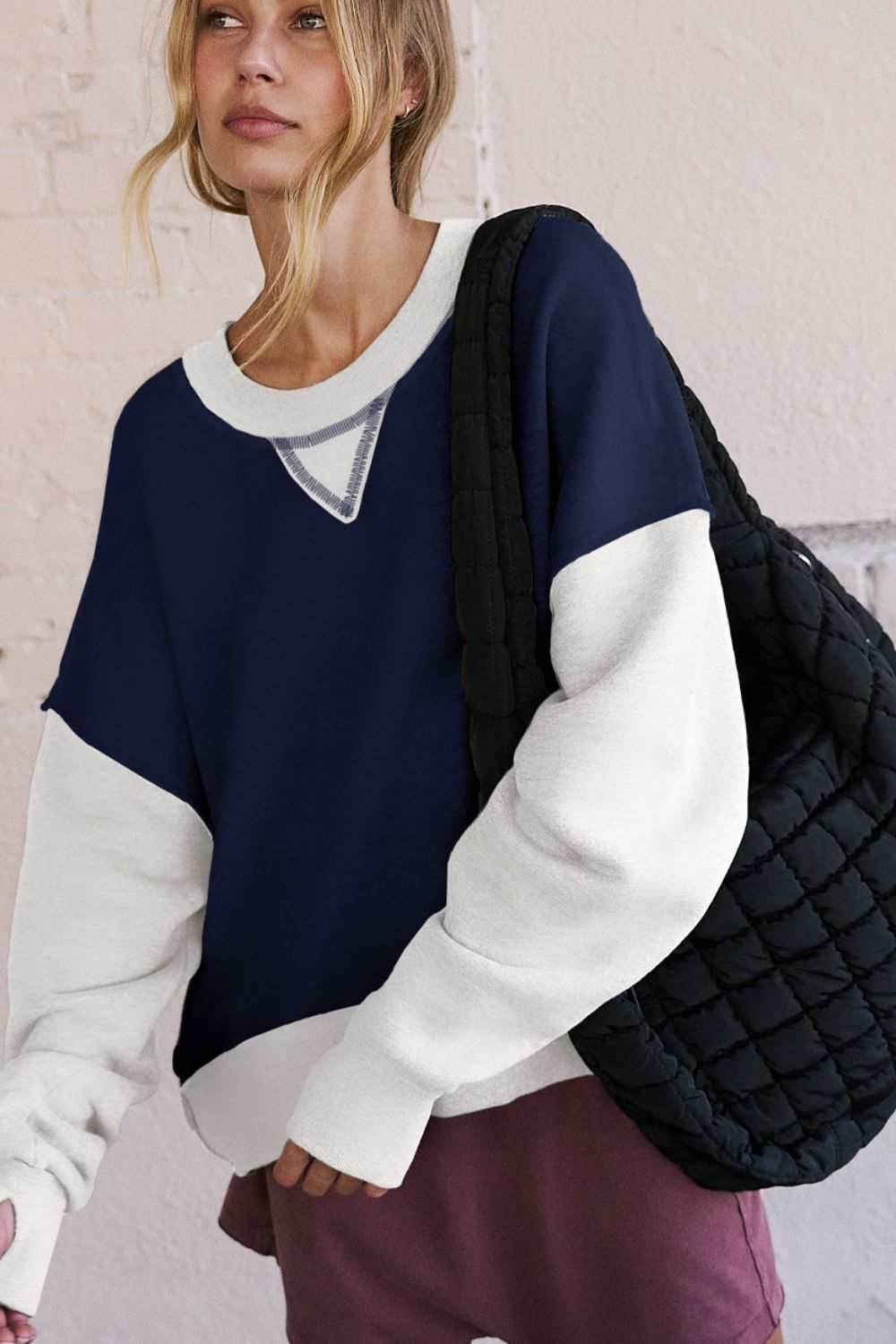Color Block Round Neck Long Sleeve Sweatshirt - Charming Charlie