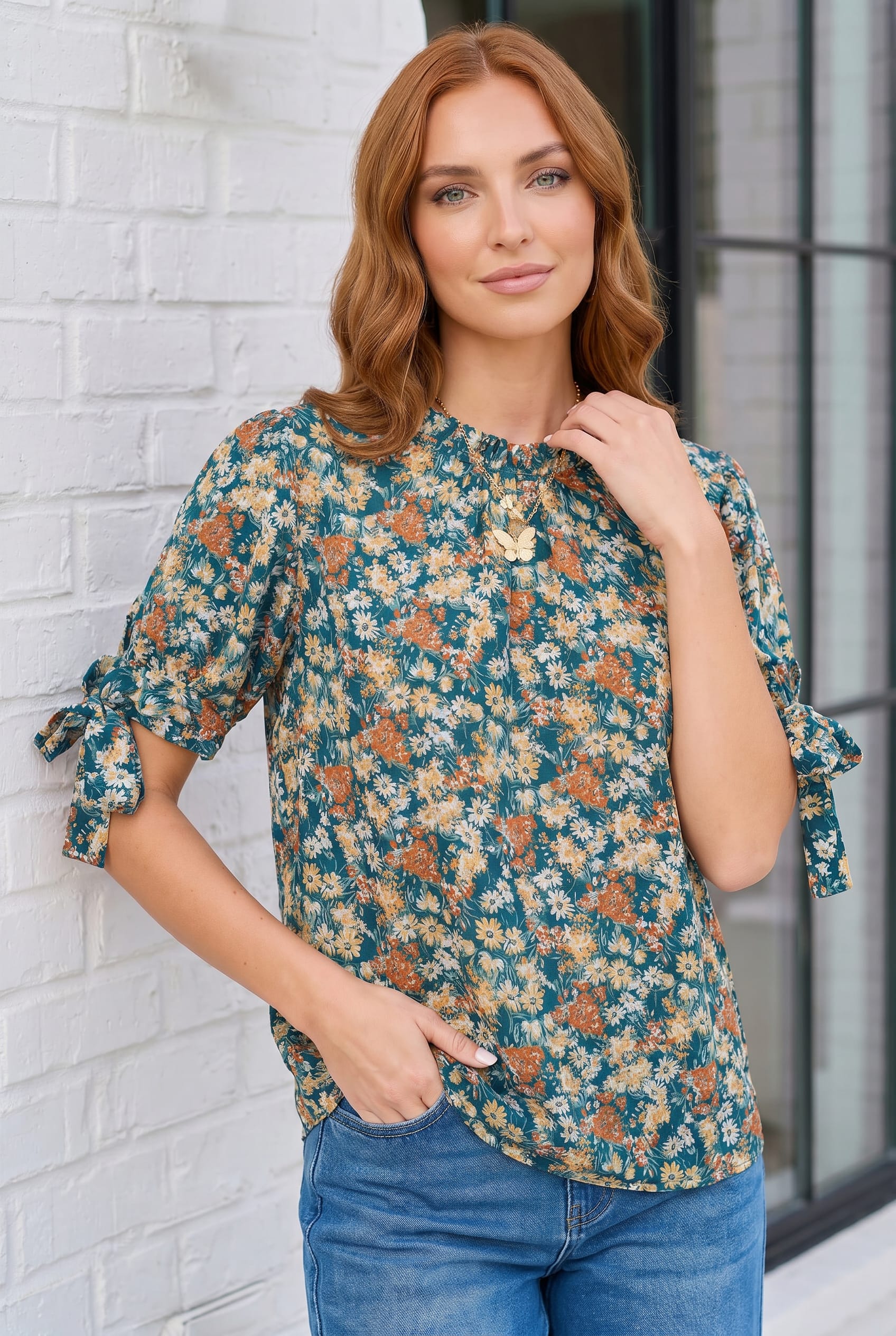 Teal Floral Tie Sleeve Blouse - Charming Charlie