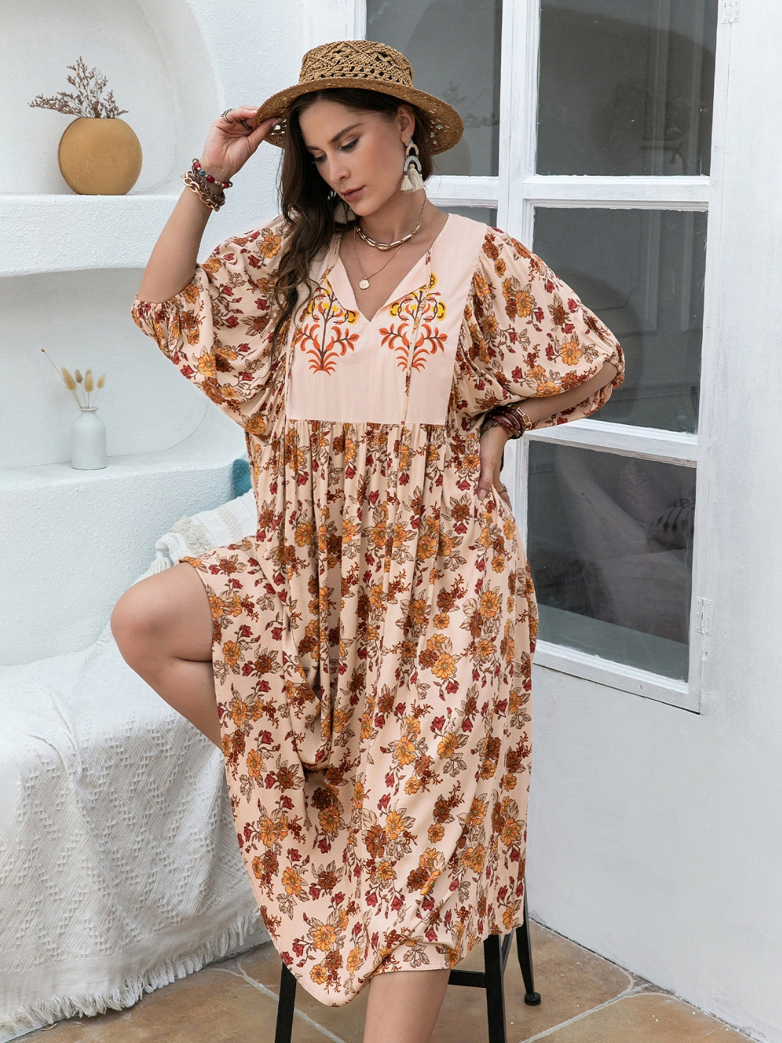 Plus Size Printed Tie Neck Half Sleeve Midi Dress - Charming Charlie