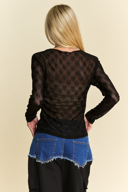 Davi & Dani Bow Mesh Round Neck Long Sleeve Top - Charming Charlie