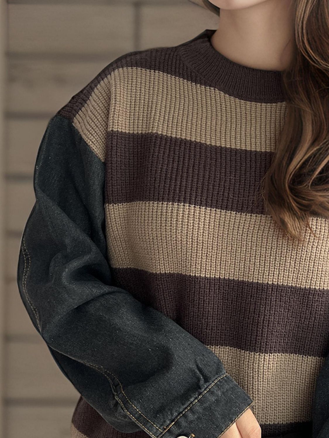 Contrast Round Neck Long Sleeve Sweater - Charming Charlie